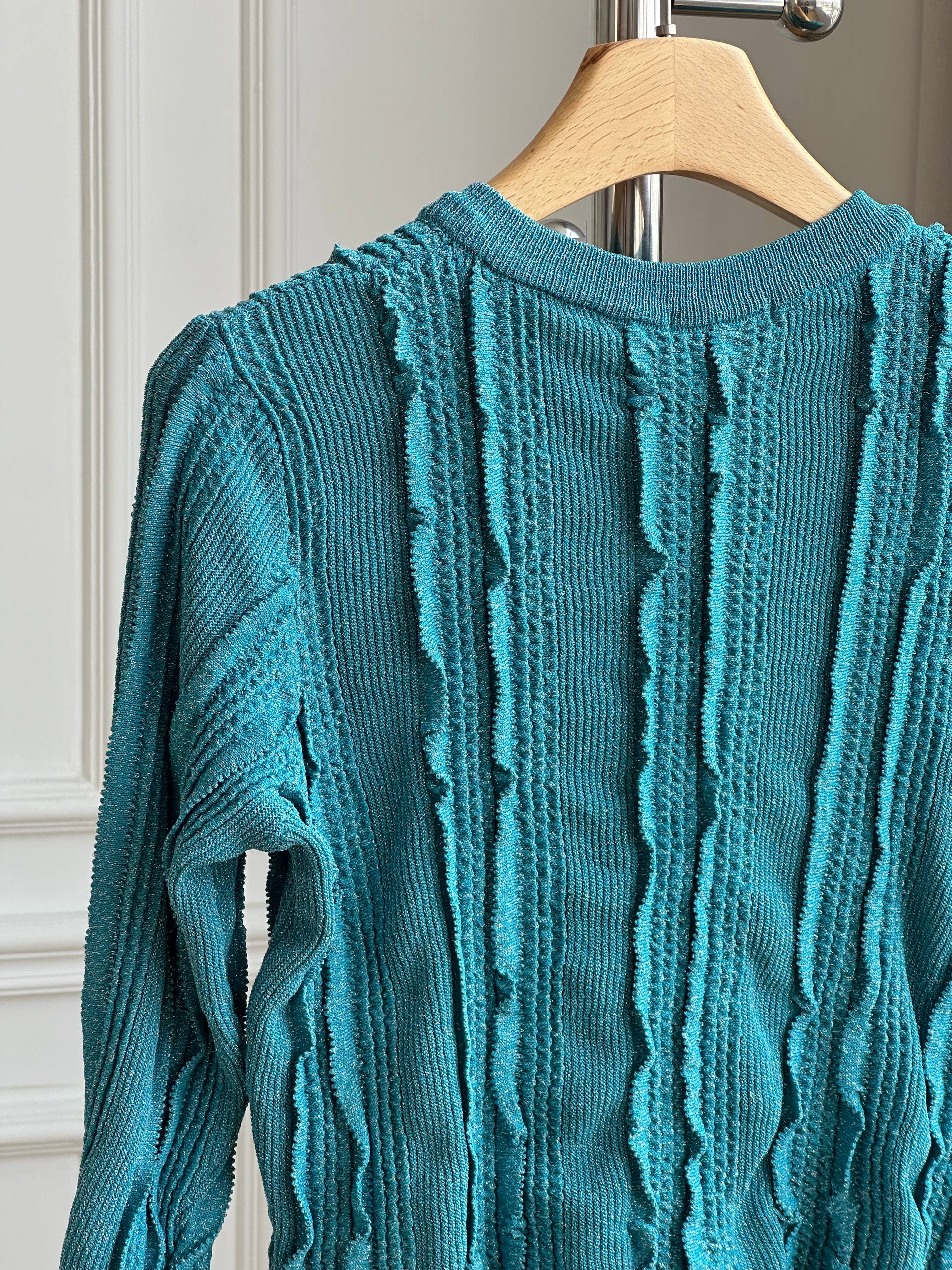 Chanel Peacock Blue Textured Knit Cardigan with CC Buttons