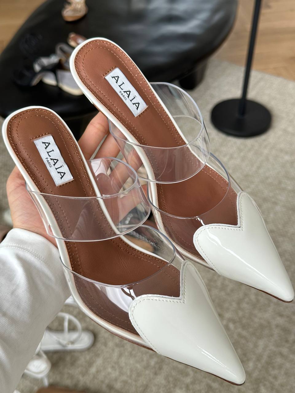 Alaïa Off-white Patent Leather Heart Toe Double Clear PVC Strap Stiletto Mule Sandals