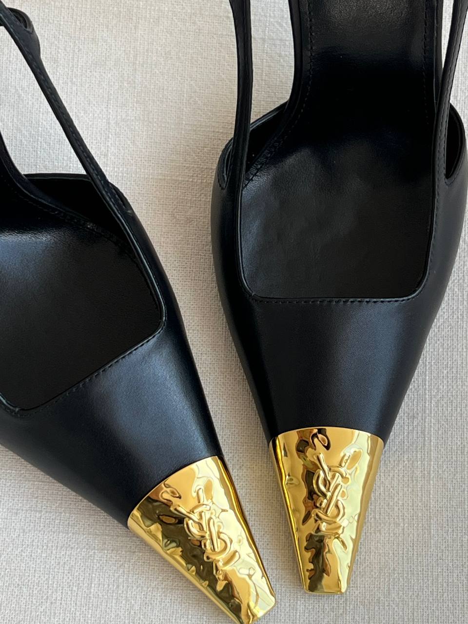 SAINT LAURENT Black Leather Metal YSL Logo Pointed Toe Slingback Stiletto Heels