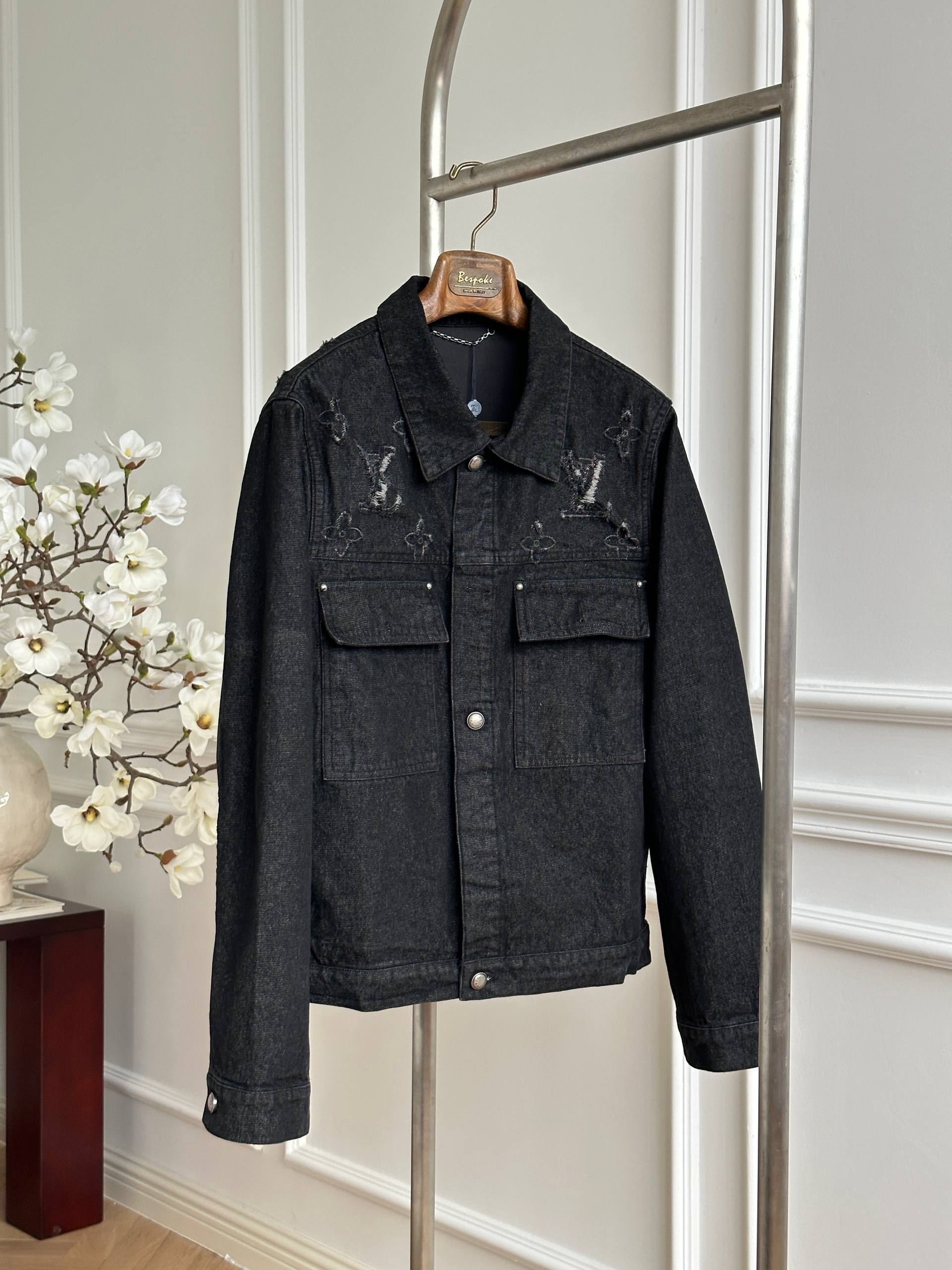 Louis Vuitton Black Washed Distressed LV Monogram Collar Denim Jacket