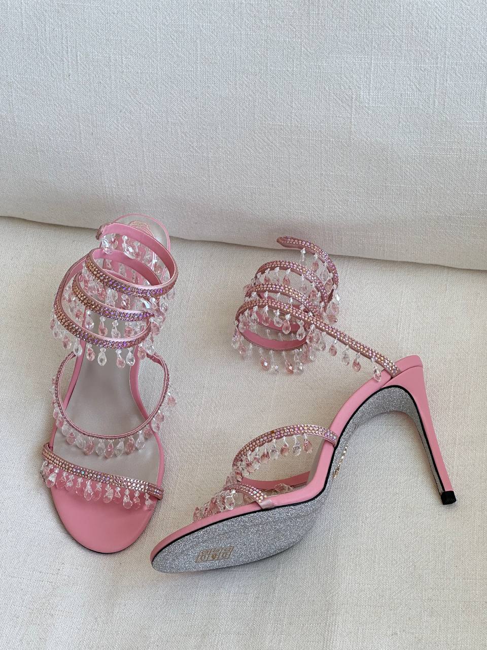René Caovilla Pink Satin Multi-Layer Crystal Fringe Ankle Wrap Stiletto Sandals