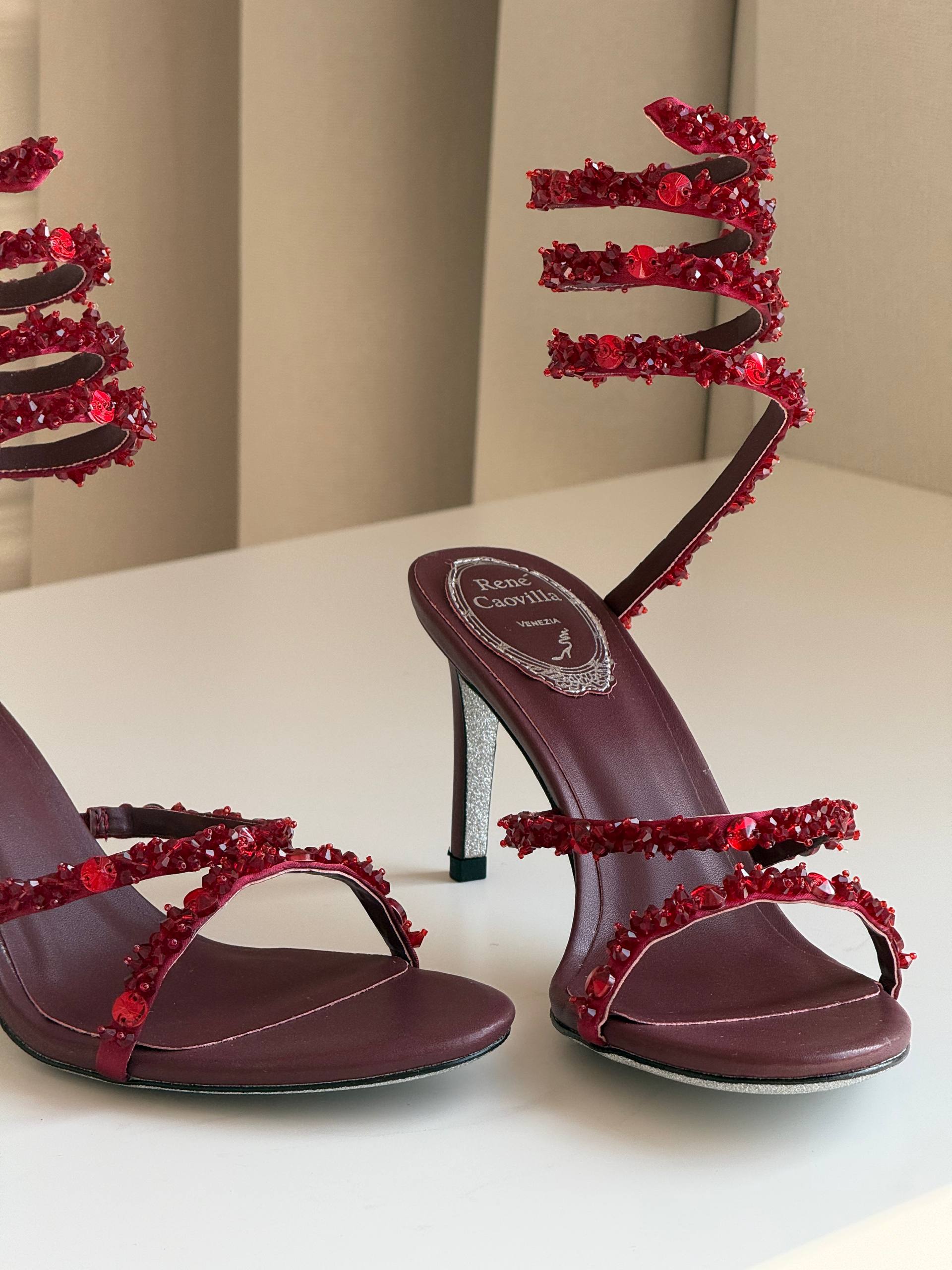 René Caovilla Cleo Burgundy Crystal Coil Strap Sandals