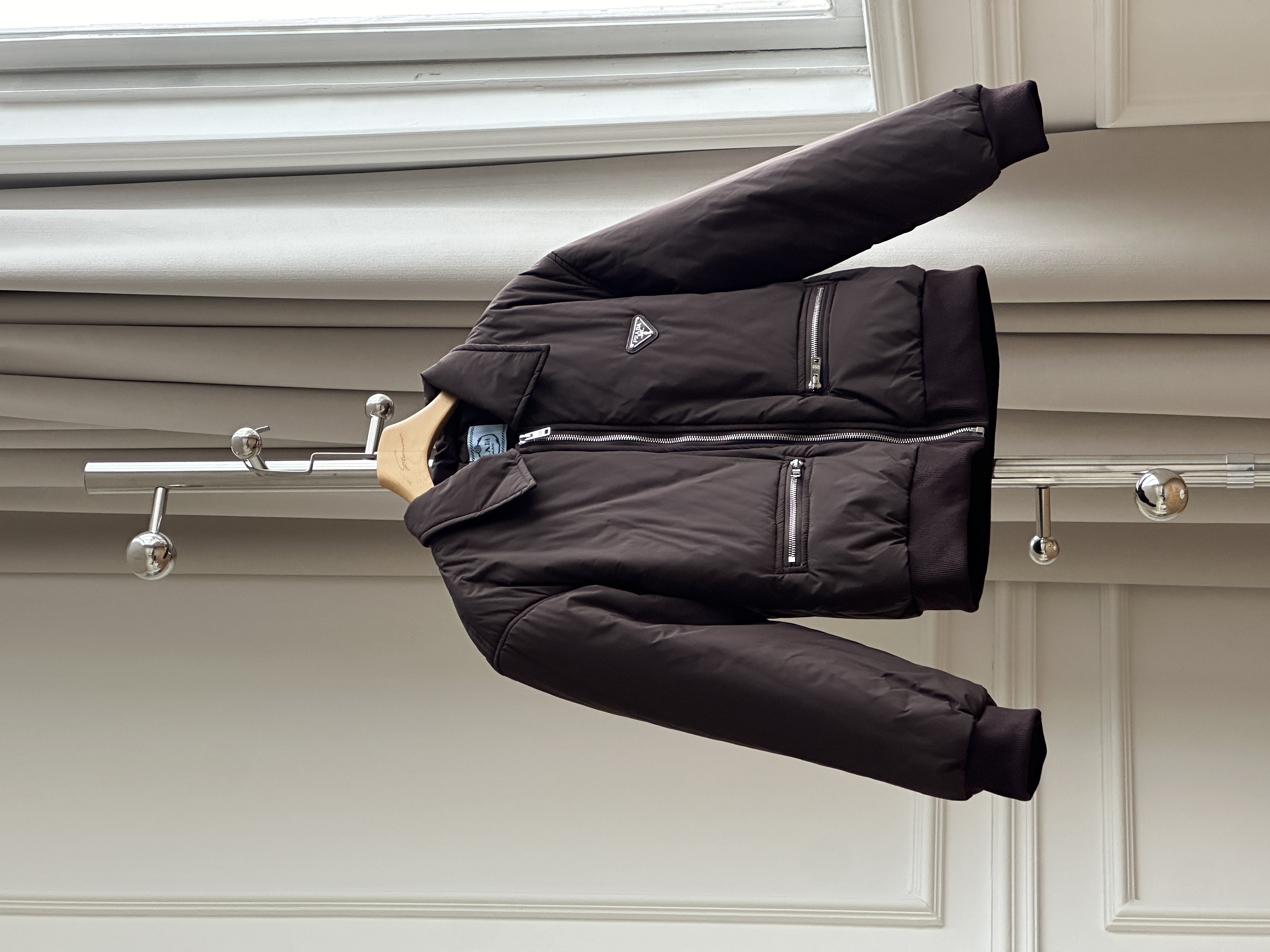 Prada Dark Brown Re-Nylon Triangle Logo Cropped Padded Bomber Jacket