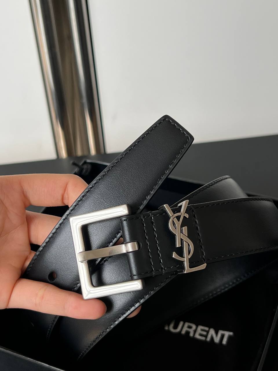 Saint Laurent Cassandre Logo Buckle Smooth Calfskin Belt