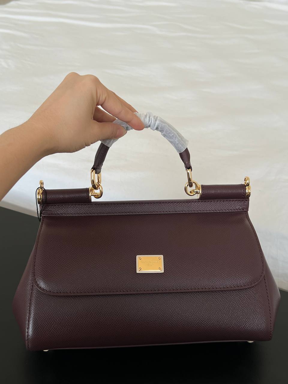 Miu Miu Burgundy Madras Leather Top Handle Flap Handbag