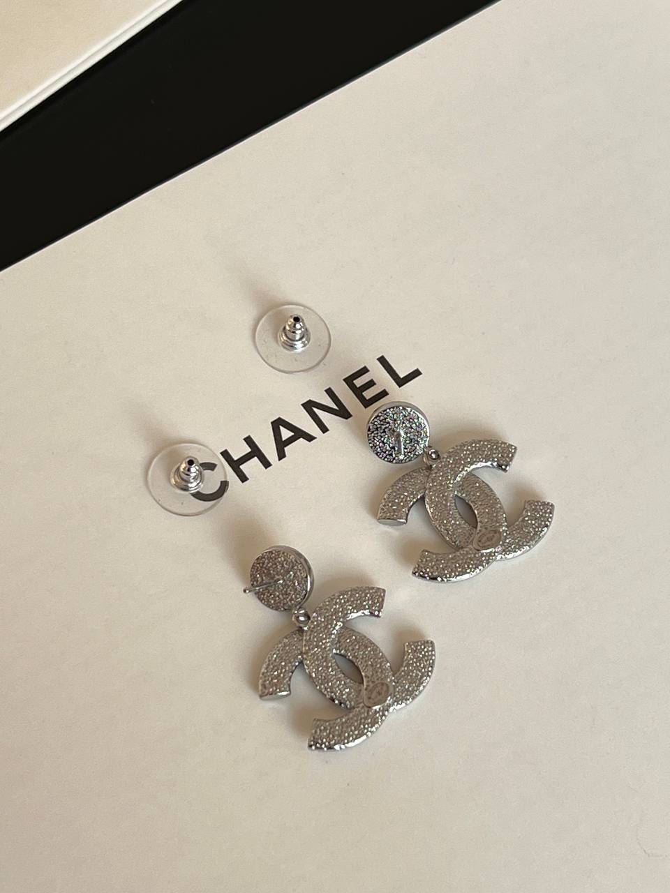 CHANEL Full Crystal Silver Interlocking CC Drop Earrings