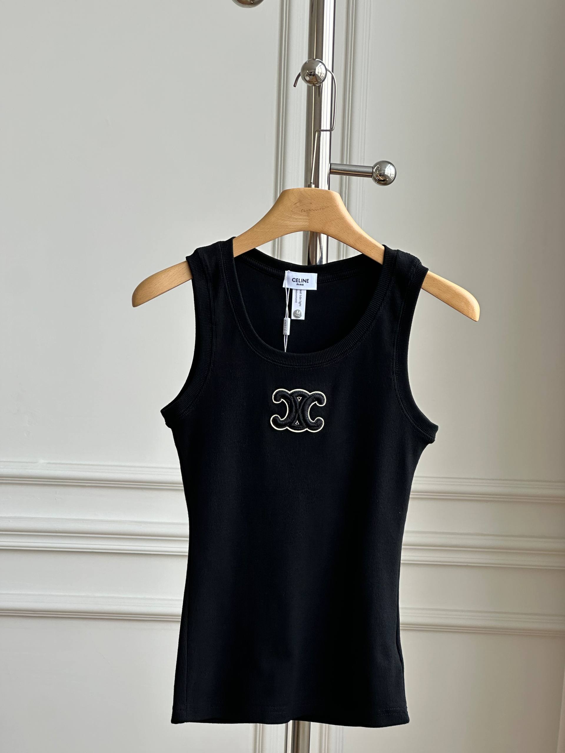 Celine Triomphe Logo Embroidered Ribbed Tank Top