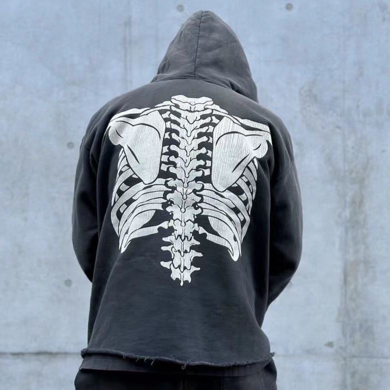 Skull Print Hoodie Washed Black Color