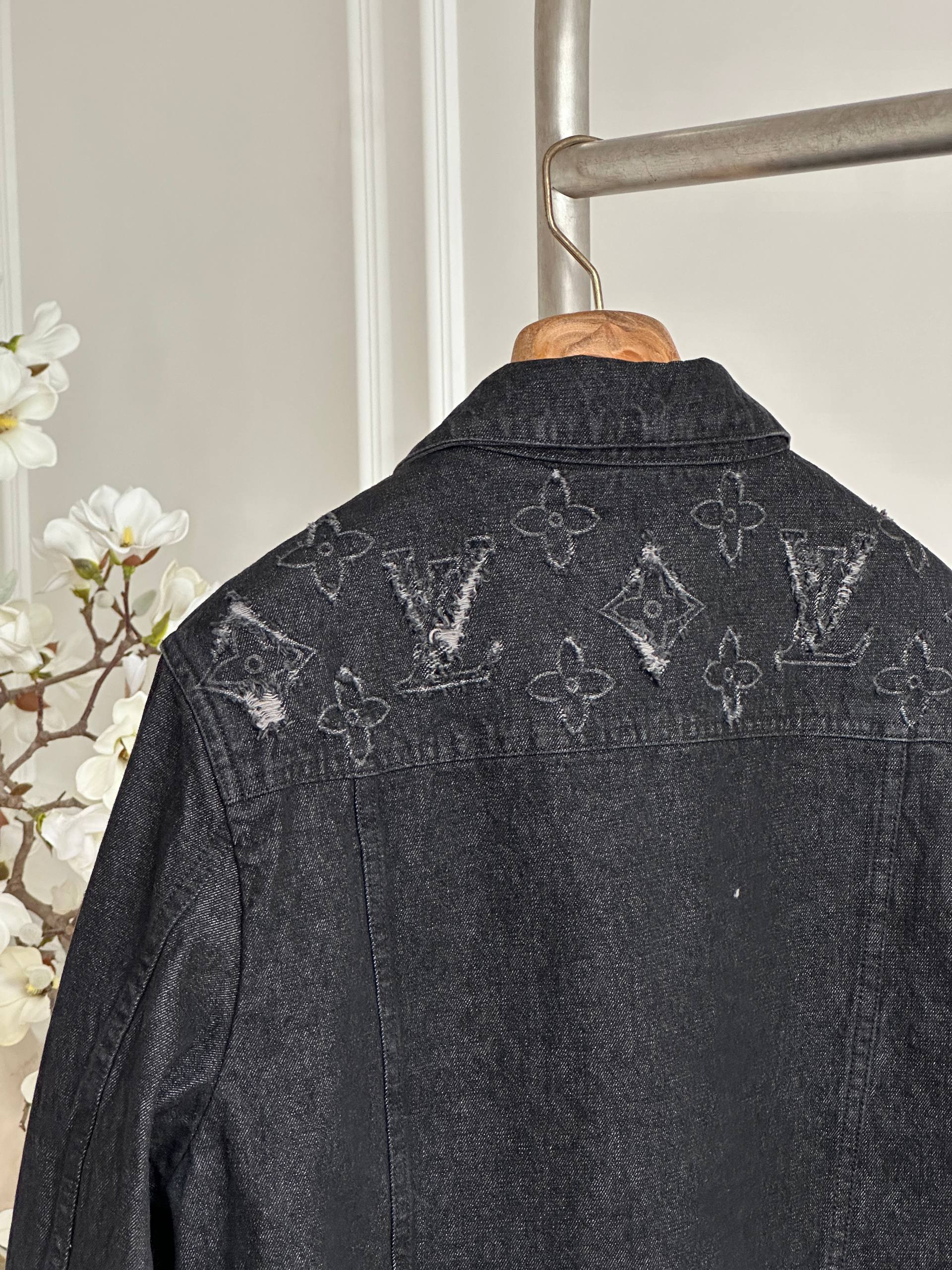 Louis Vuitton Black Washed Distressed LV Monogram Collar Denim Jacket