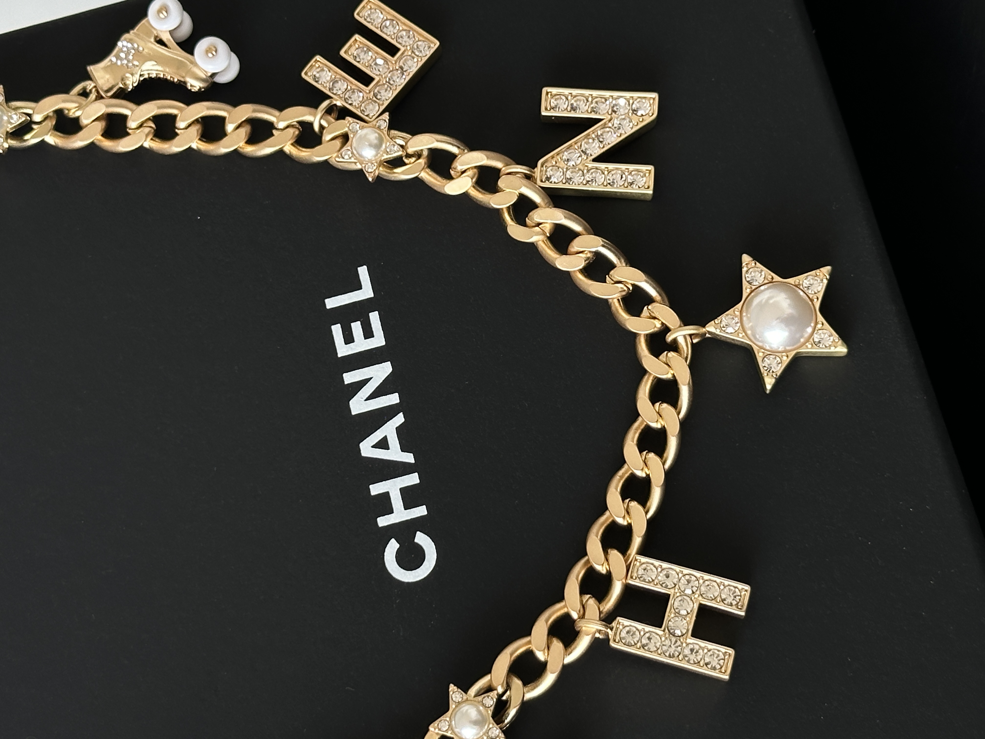 Chanel Light Gold Thick Cuban Chain Waist Belt With Crystal CHANE Letters, Star & Pearl Charms, Dual-Purpose As Necklace