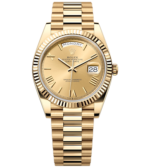 Rolex Day-Date 40 Presidential Champagne dial, Fluted Bezel, President bracelet, Yellow gold Watch【1:1 Replica】