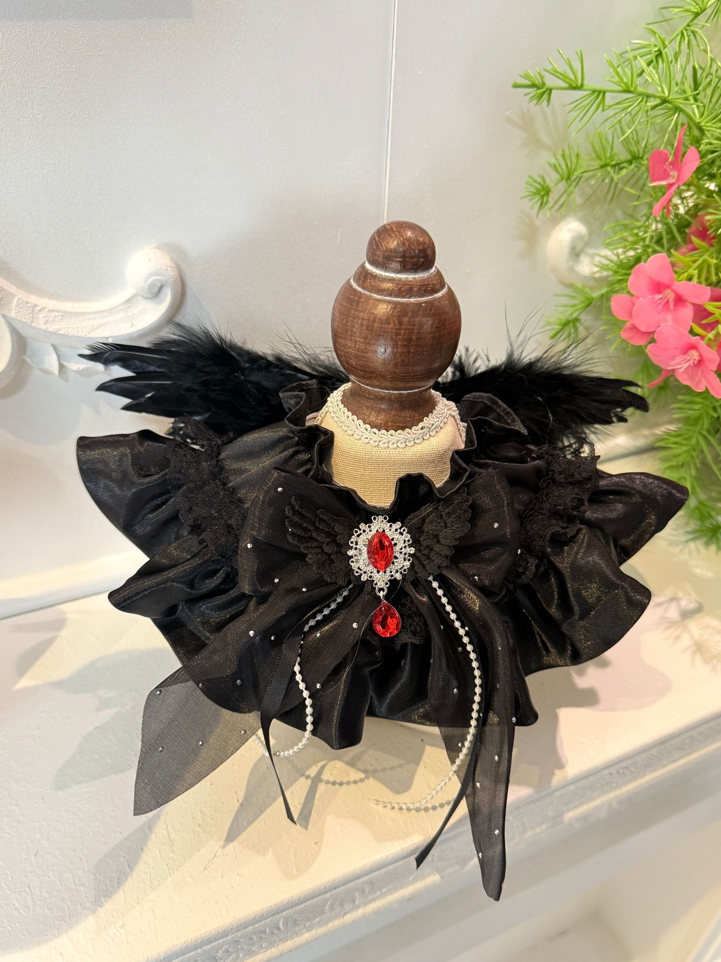 Hand-crafted Black Angel Lace Ruffle Pet Bib Feather Wing Bow Red Gemstone Decor Elastic Neck Scarf - MAISONKAIRON