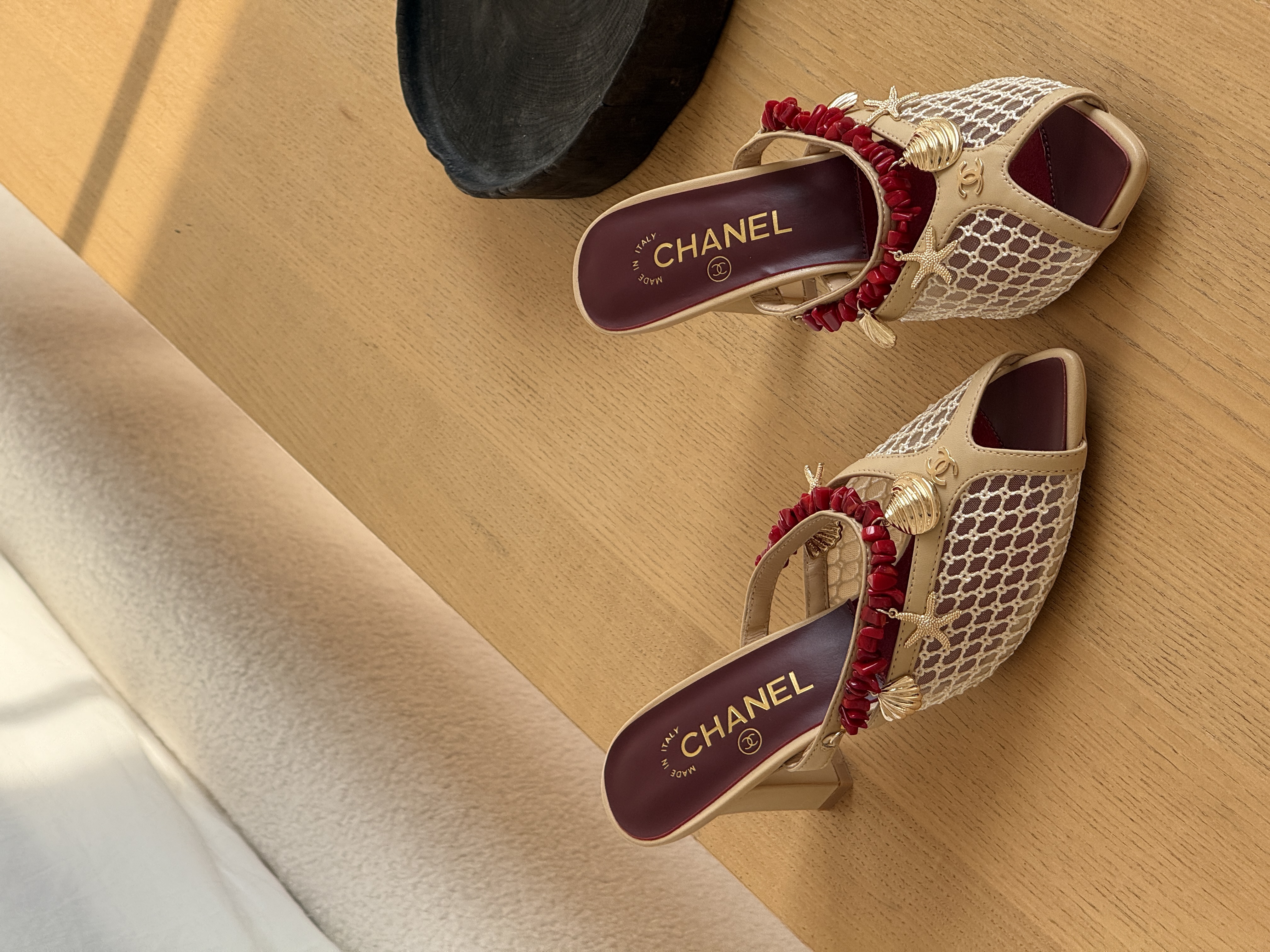 Chanel Mesh & Leather Red Bead Ocean Charm Block Heel Open-Toe Mule Sandals