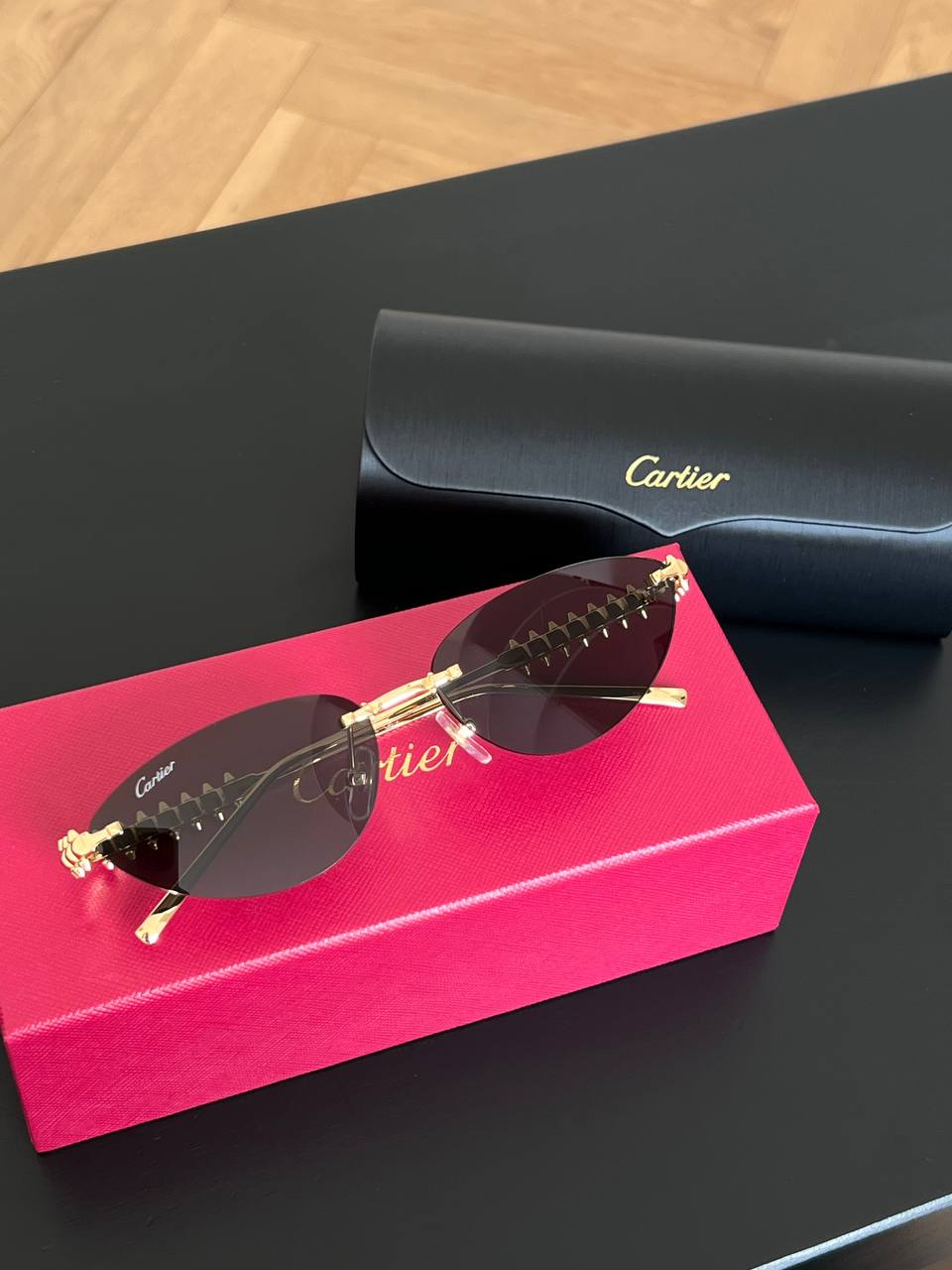 Cartier Gold Panther Head Rimless Oval Dark Grey Lens Sunglasses