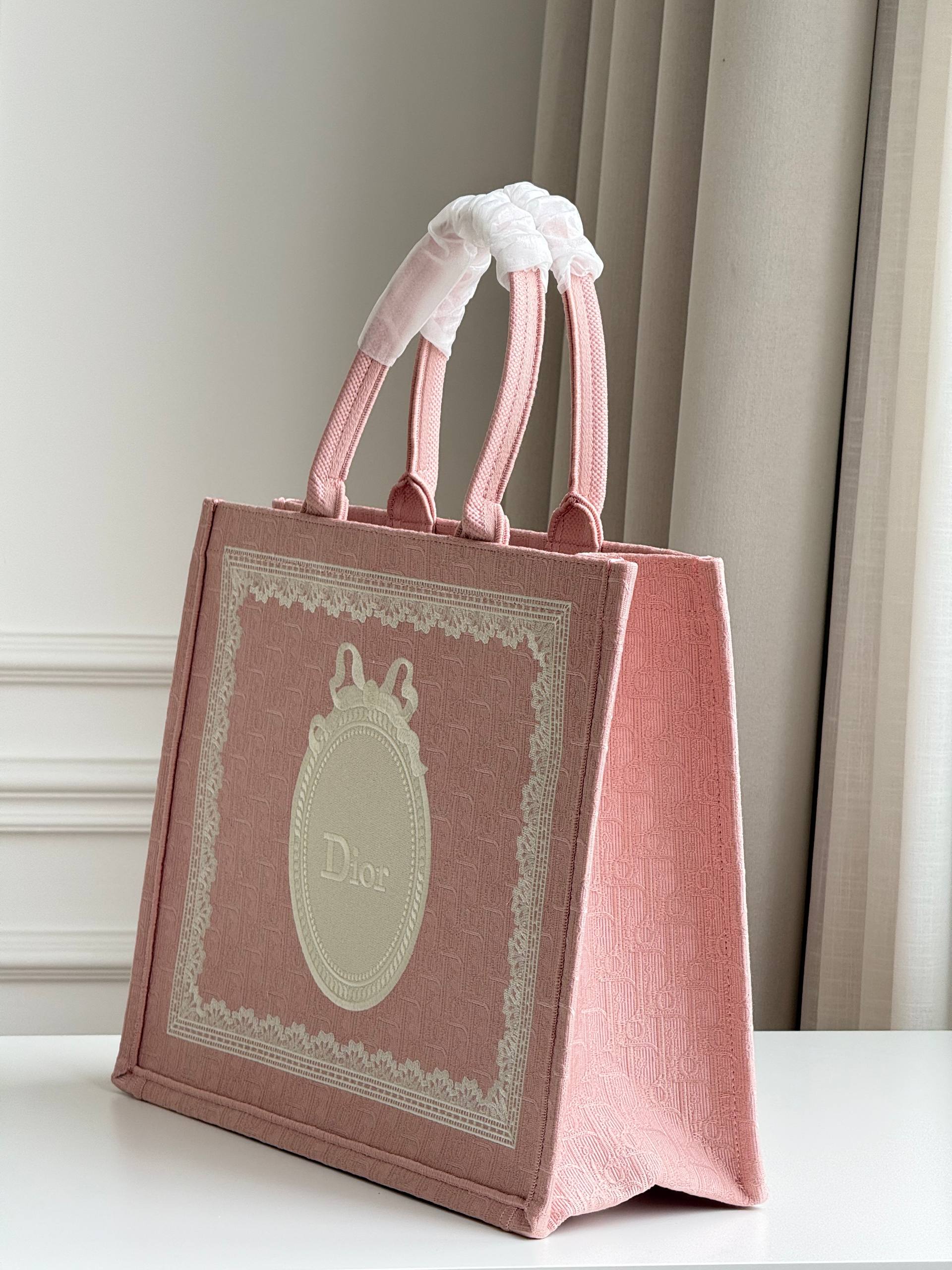 Dior Pink Lace Bow Embroidered Book Tote Handbag