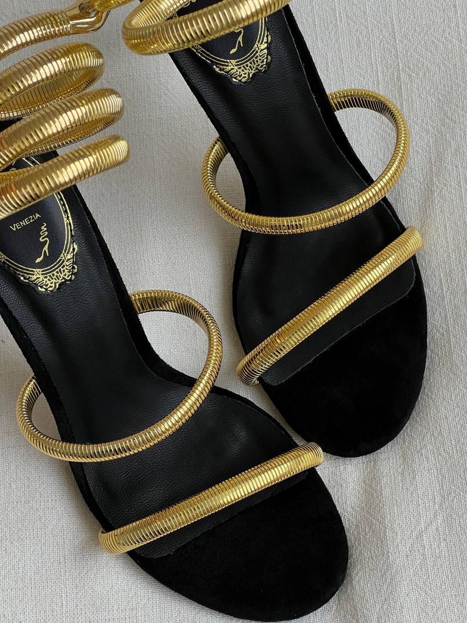 Rene Caovilla Black Velvet Gold Snake Wrap Stiletto Sandals