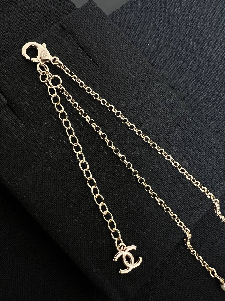 Chanel Light Gold Pearl Chain Bambi Crystal Interlocking CC Pendant Necklace