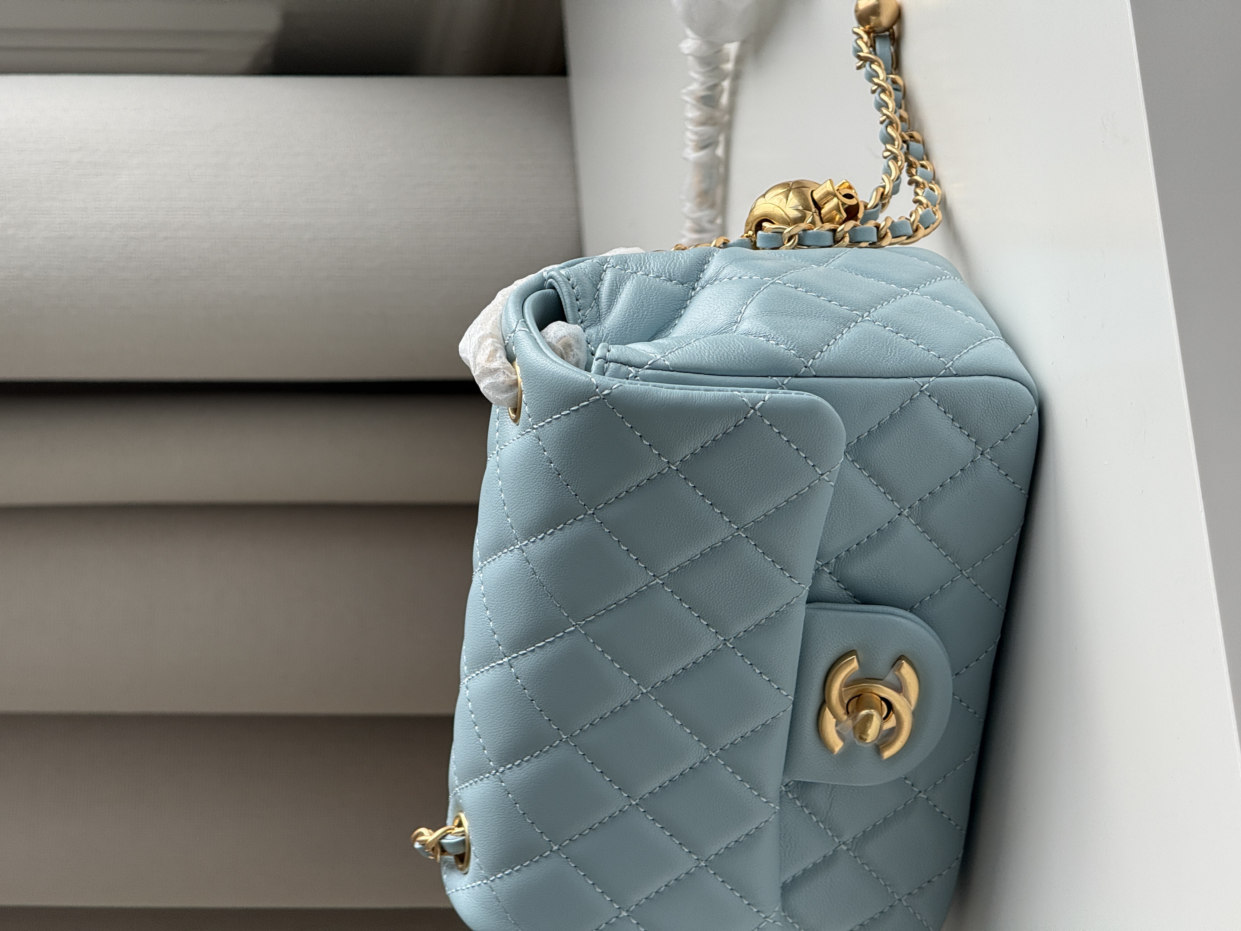 Chanel Baby Blue Lambskin Mini Classic Flap Gold CC Chain Bag