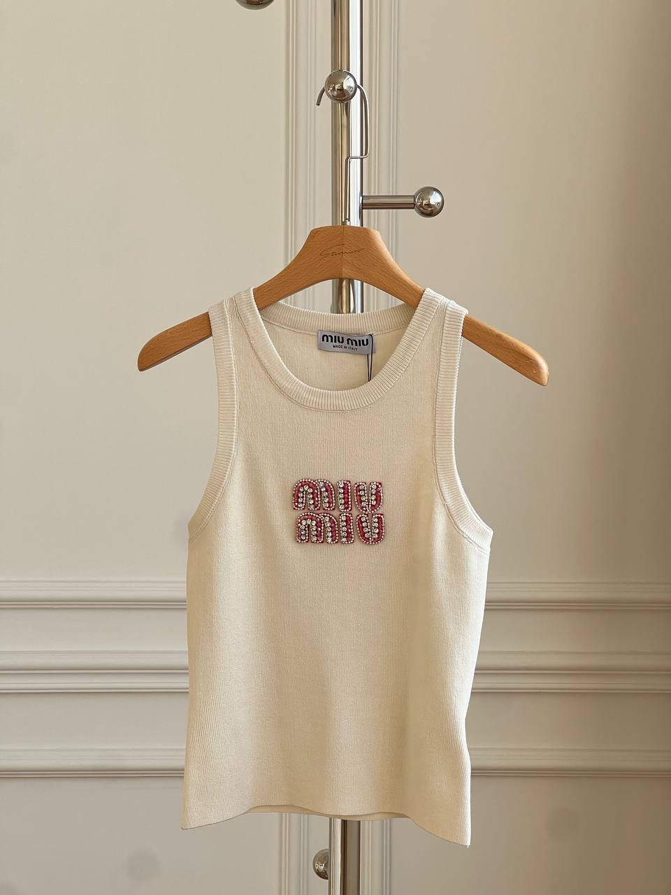 Miu Miu Crystal-Logo Cotton Knit Tank Top