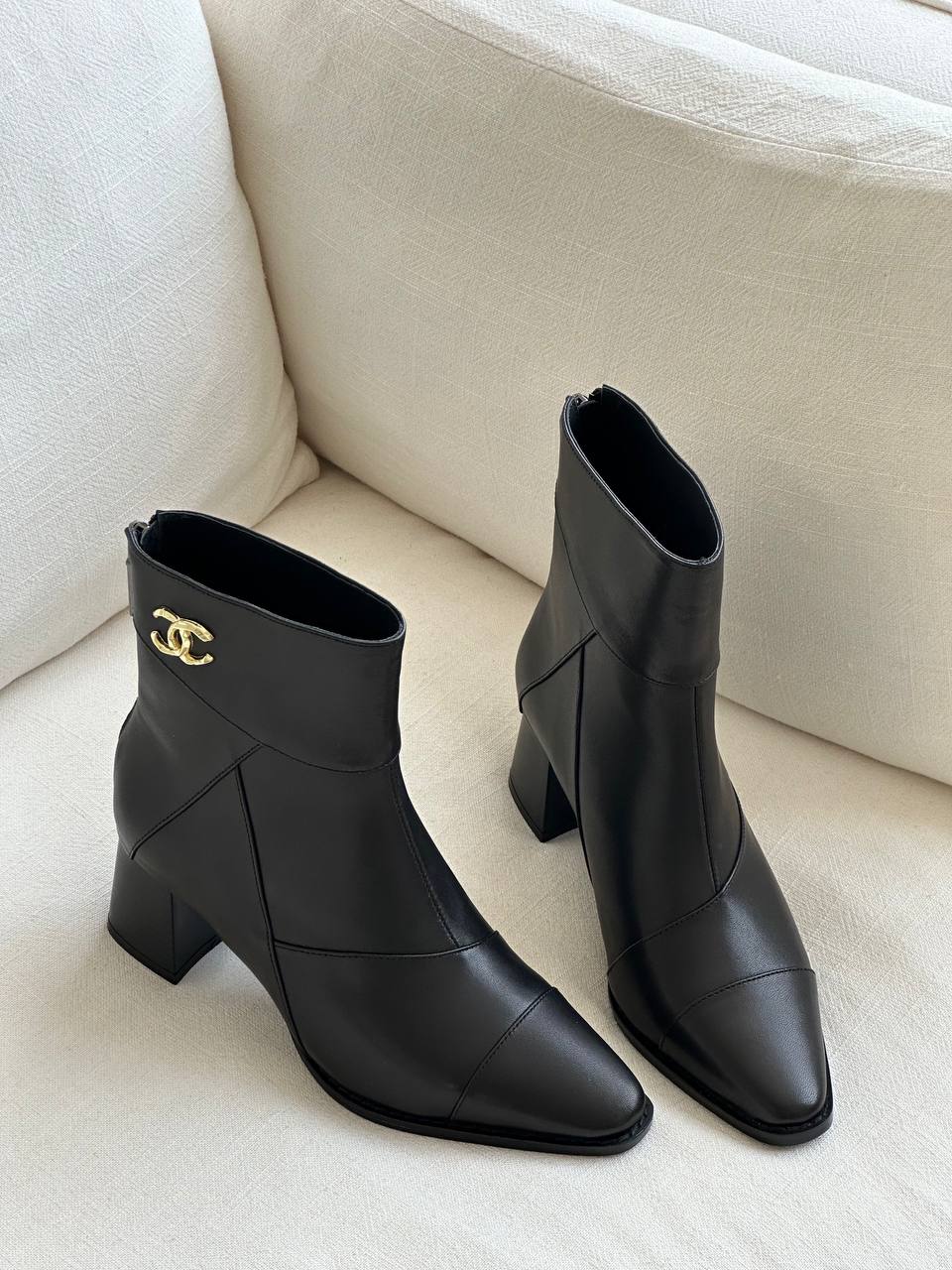 CHANEL Interlocking CC Logo Leather Block-Heel Ankle Boots