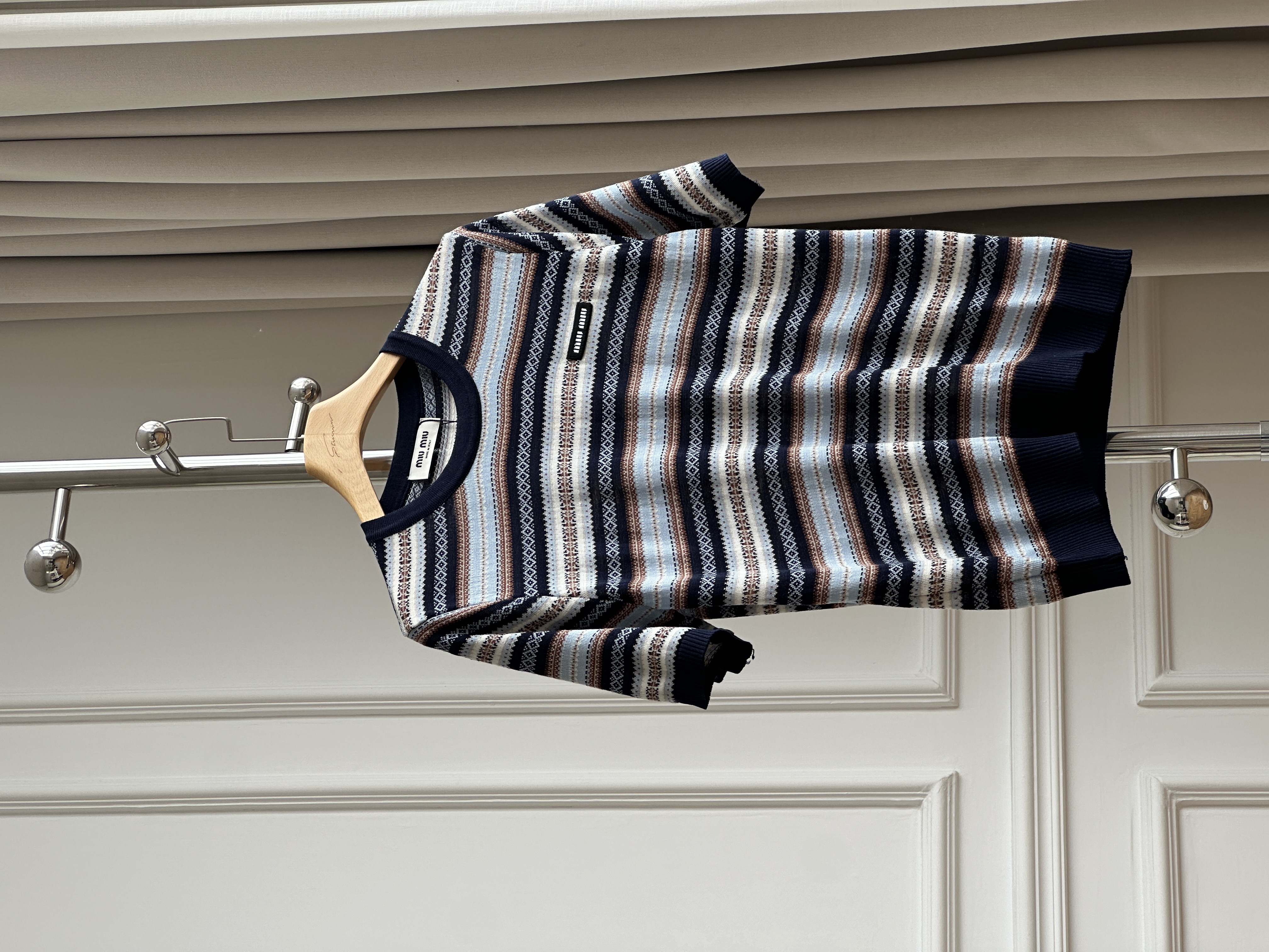 Miu Miu Fair Isle Striped Crew Neck Short Sleeve Knit Top