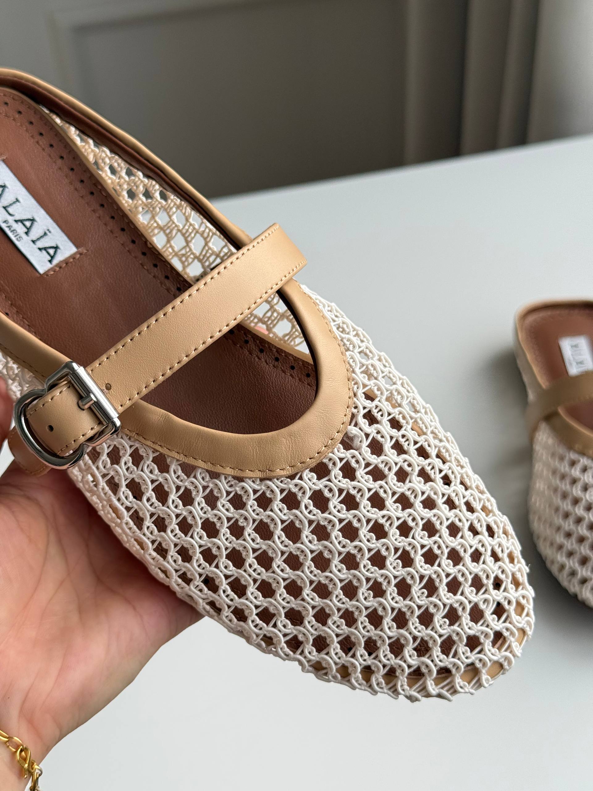 Alaïa Hollow-out Woven Mary Jane Flat Mule Shoes