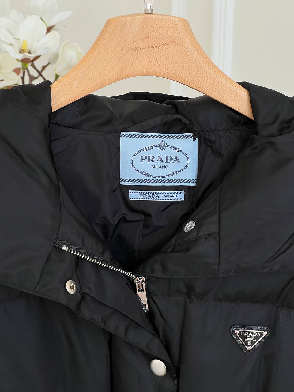 Prada Black Nylon Hooded Waist-cinched Down Coat With Matching Belt Bag