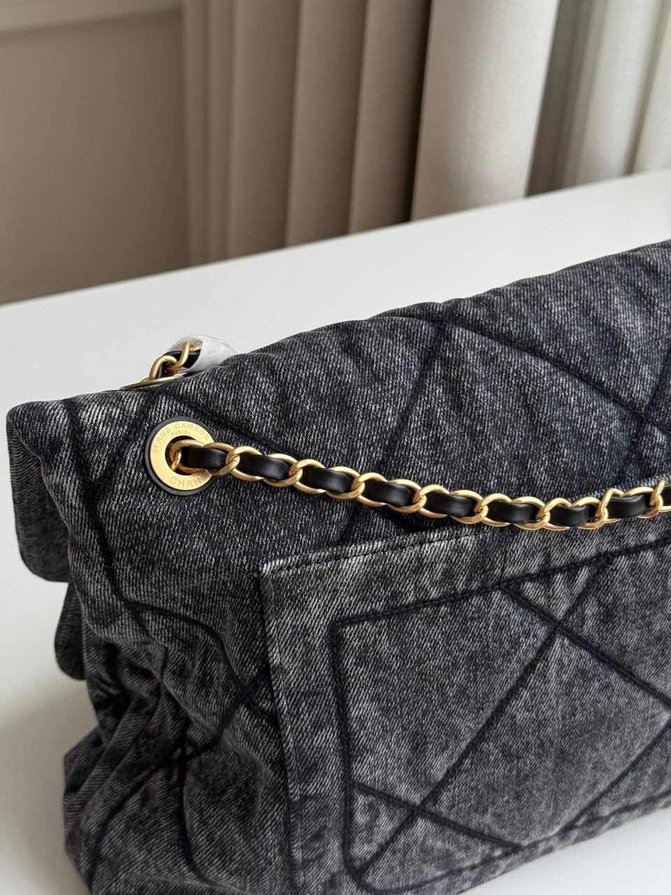 CHANEL Washed Black Denim Quilted Large Flap Bag with Gold-Tone Hardware