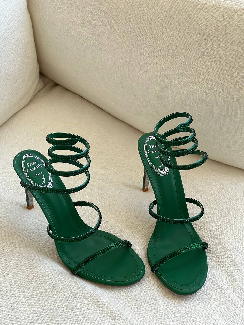 Rene Caovilla Emerald Crystal Coiled Ankle-wrap Stiletto Sandals