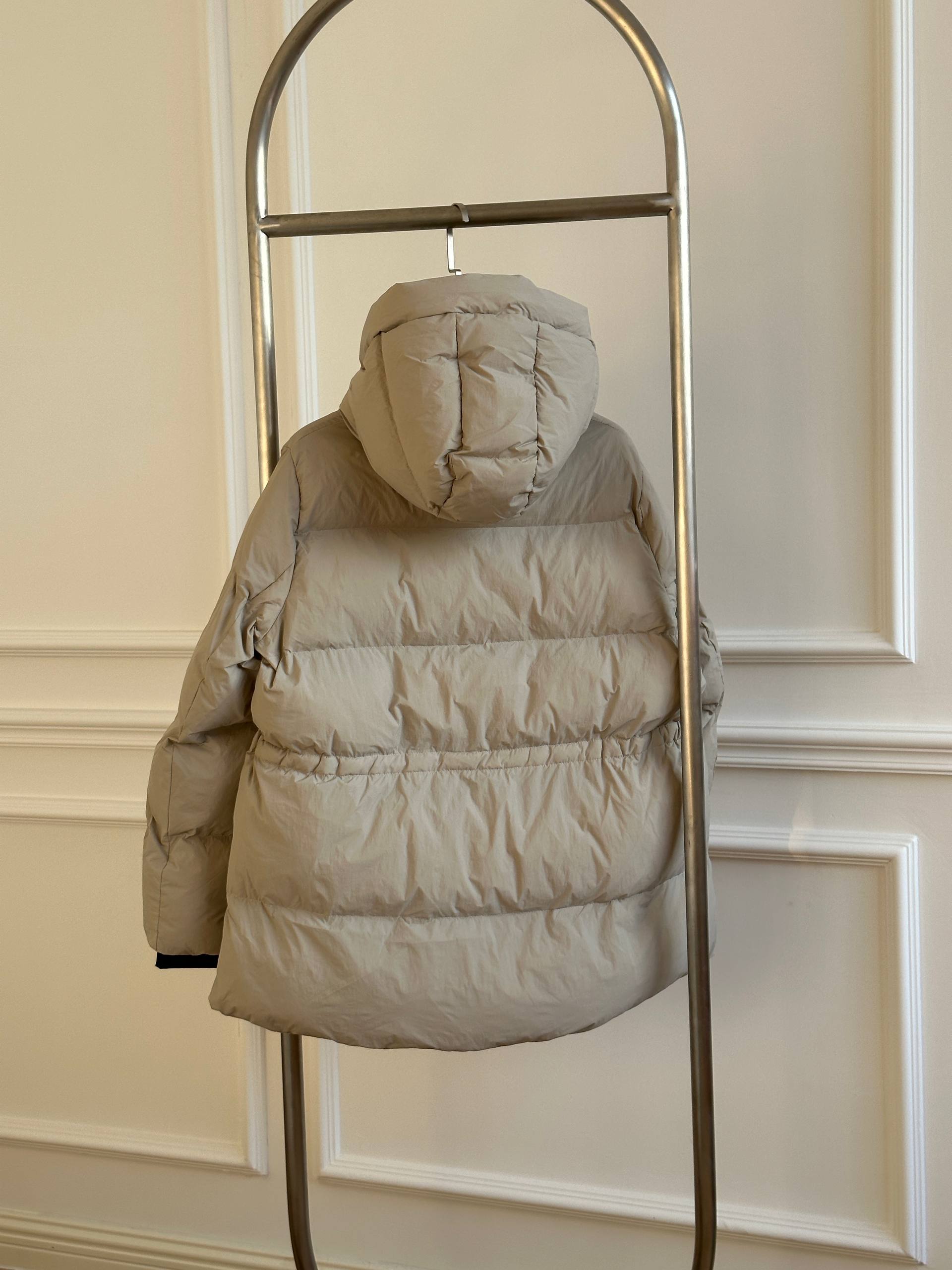 Prada Hooded Loose Down Jacket with Triangle Logo & Waist Drawstring