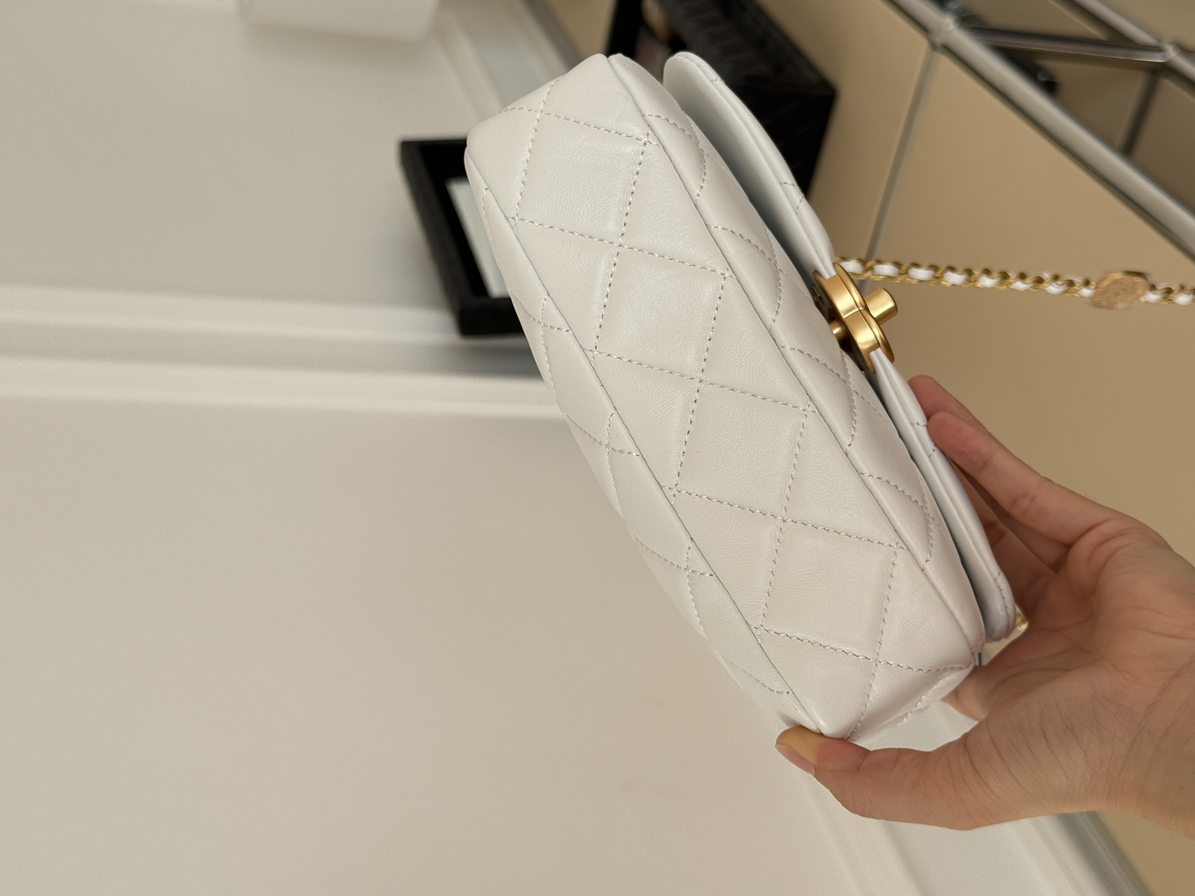 Chanel Mini Classic Flap Quilted Lambskin Pearl Interwoven Chain Bag