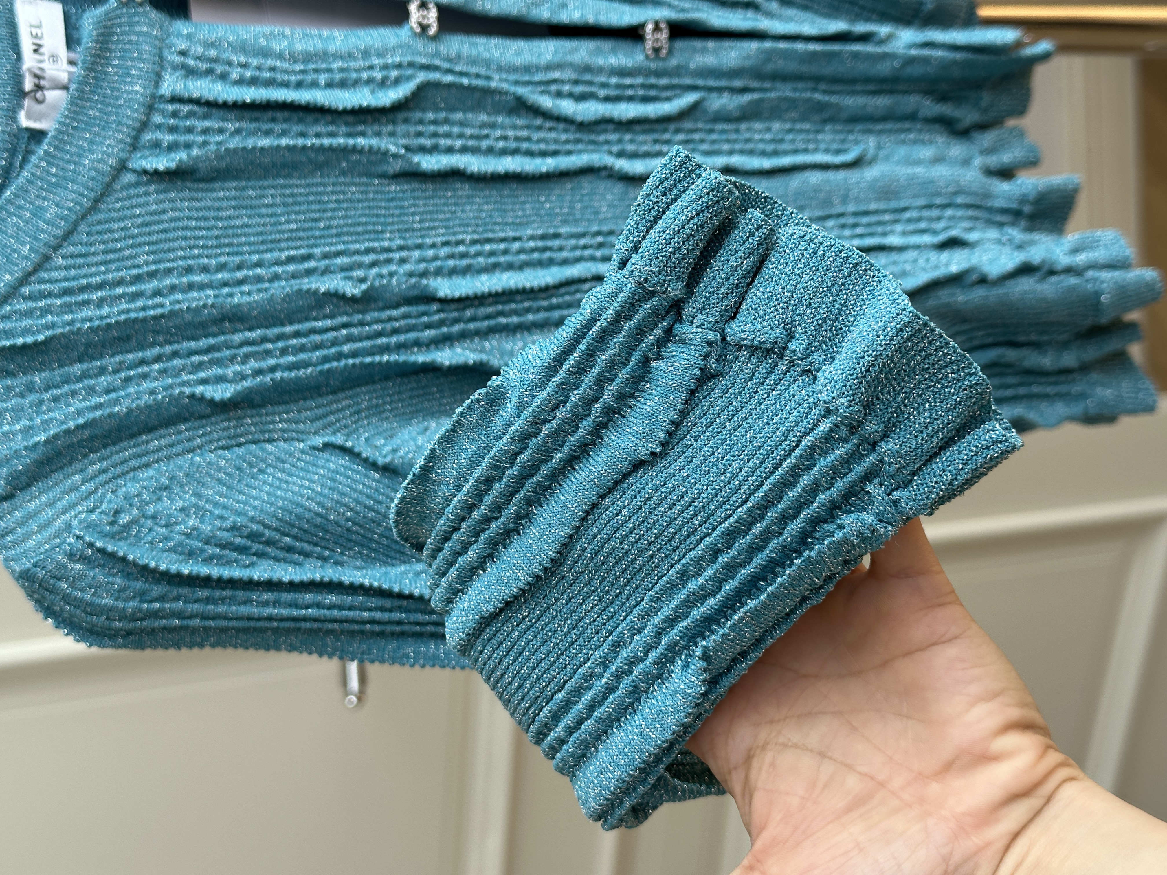 Chanel Peacock Blue Textured Vertical Rib Knit Cropped Cardigan With Silver Interlocking CC Buttons