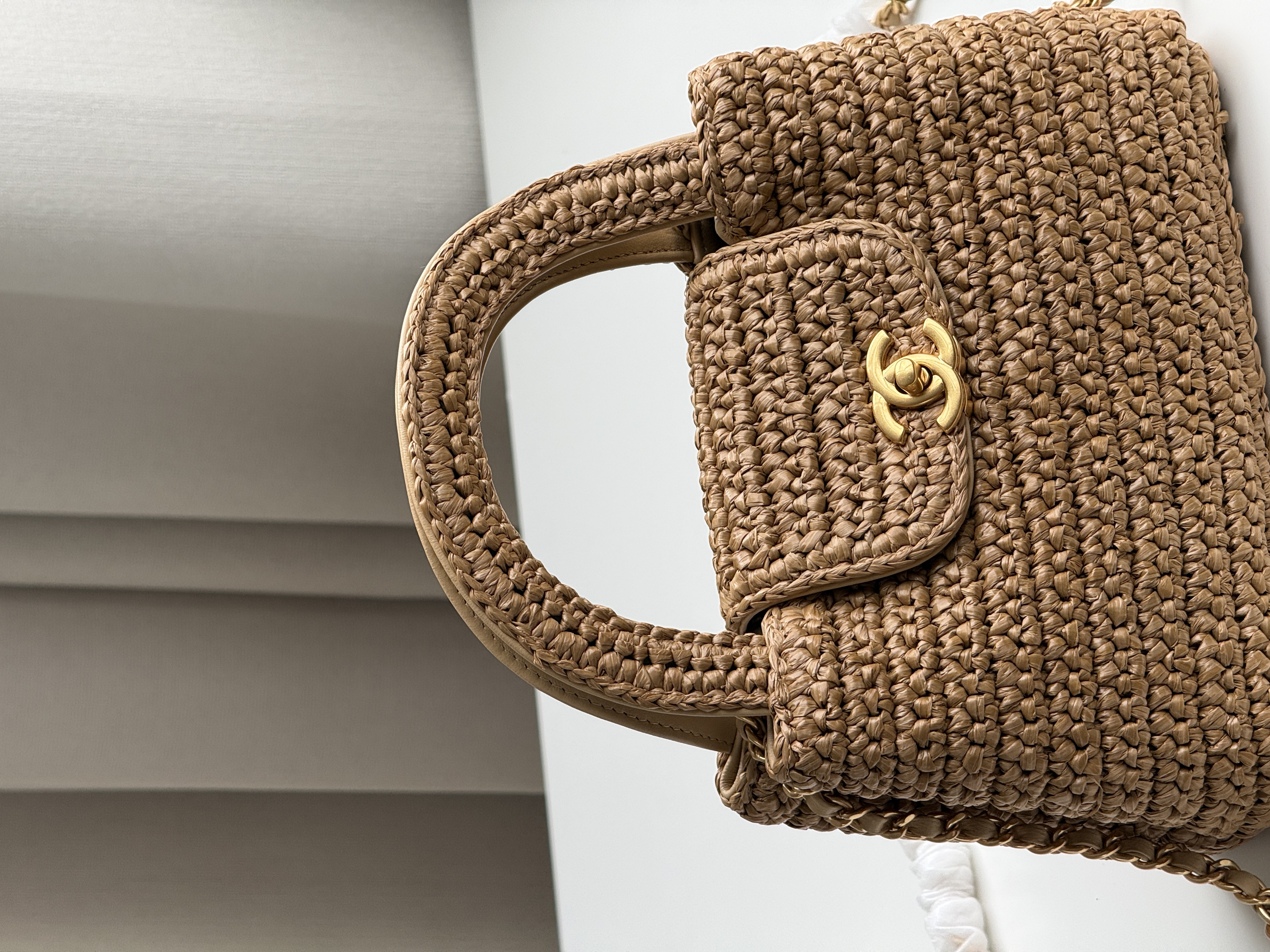 CHANEL Light Brown Raffia Woven Mini CC Flap Handbag