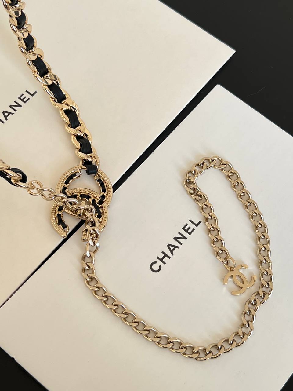 Chanel Leather Interwoven Metal Chain CC Pendant Necklace