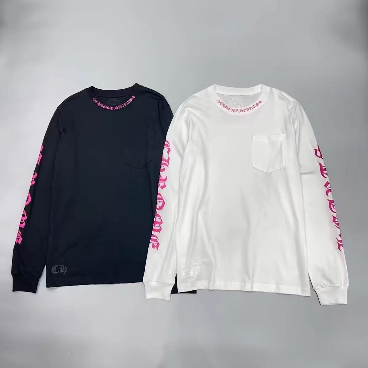 Chrome Heart Round-neck Long-sleeved T-shirt with Embroidered Letters and Floral Print on Armholes
