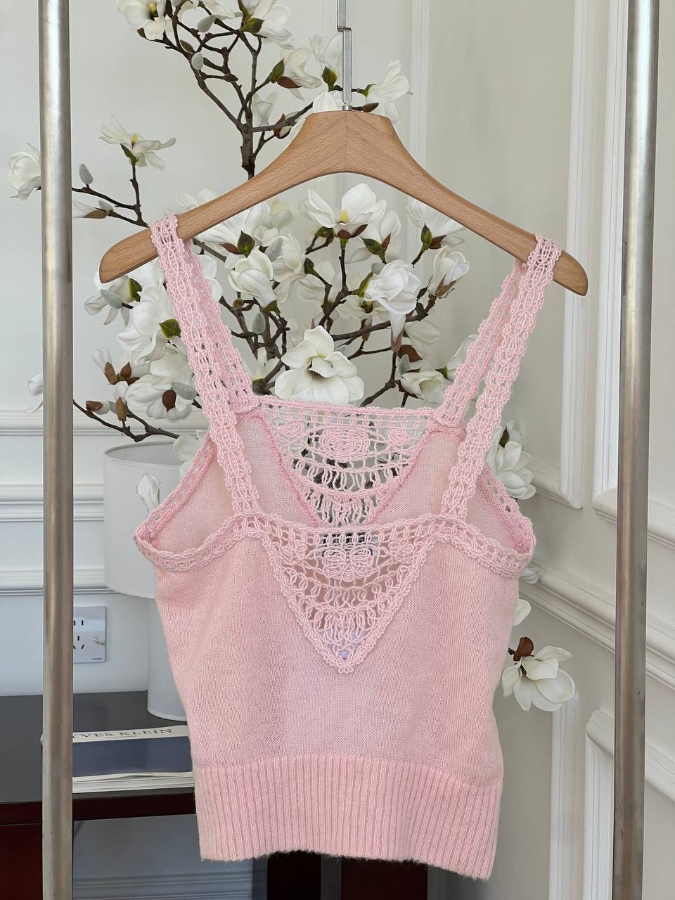 Chanel Blush Pink Hollow-out Lace Knit Camisole Top