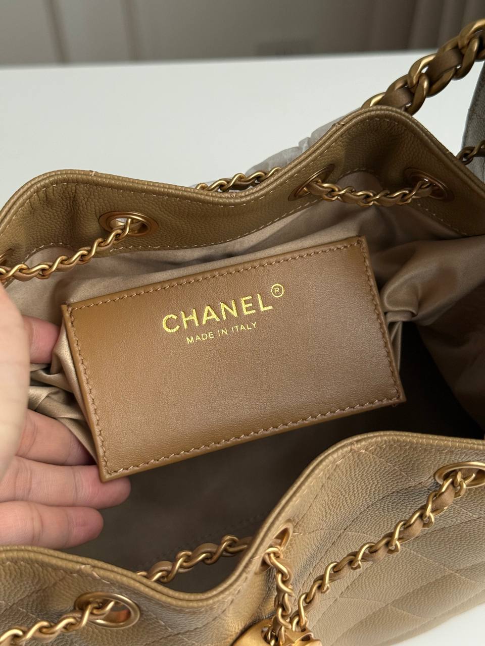Chanel 25 Caramel Caviar Quilted Drawstring Bucket Bag