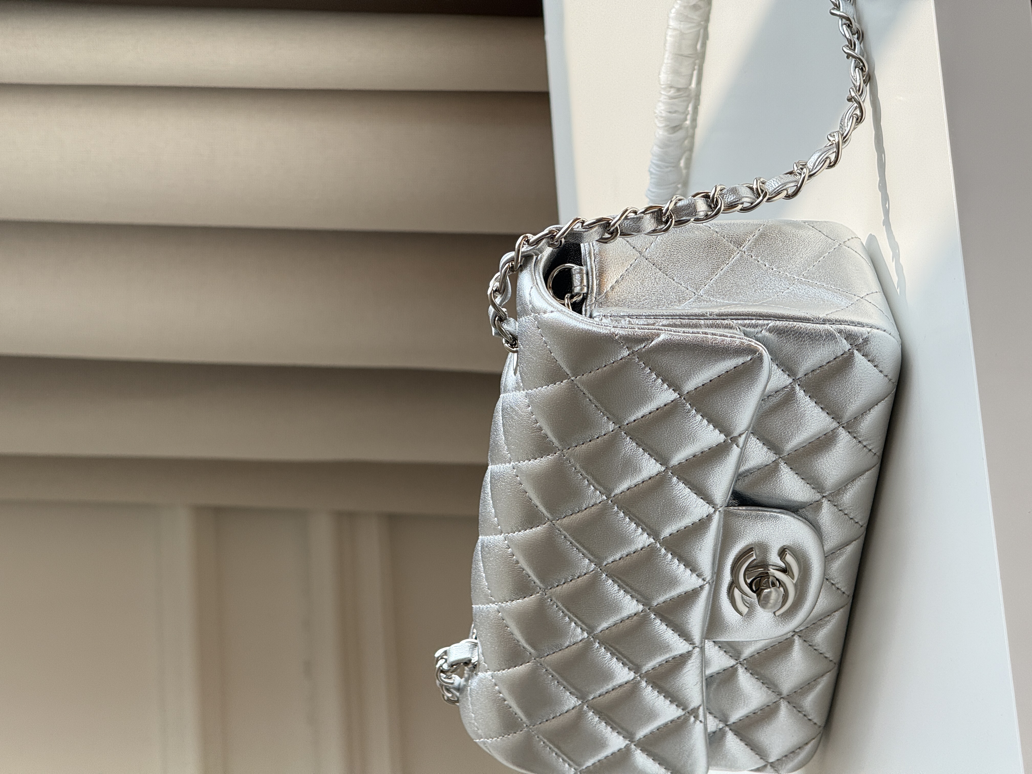 Chanel Silver Metallic Lambskin Mini Classic Flap Silver CC Chain Bag