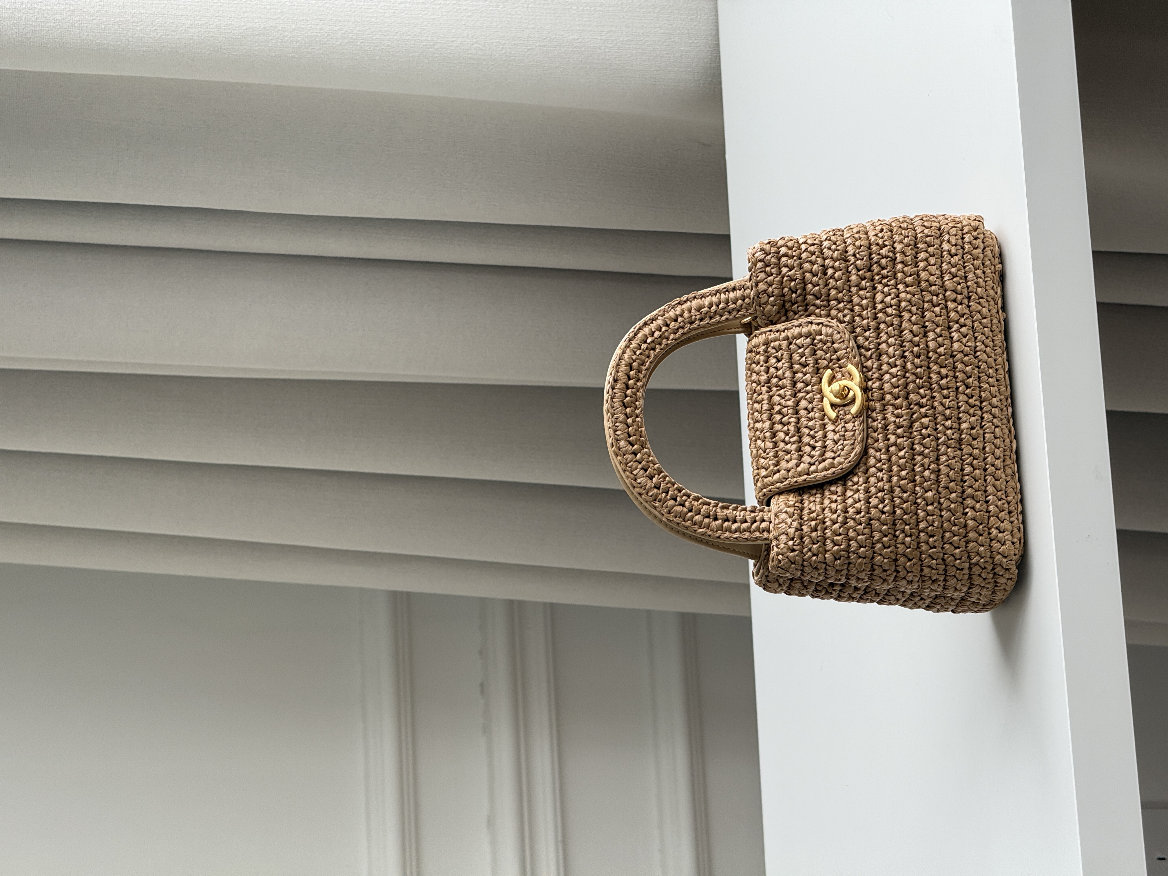 CHANEL Light Brown Raffia Woven Mini CC Flap Handbag