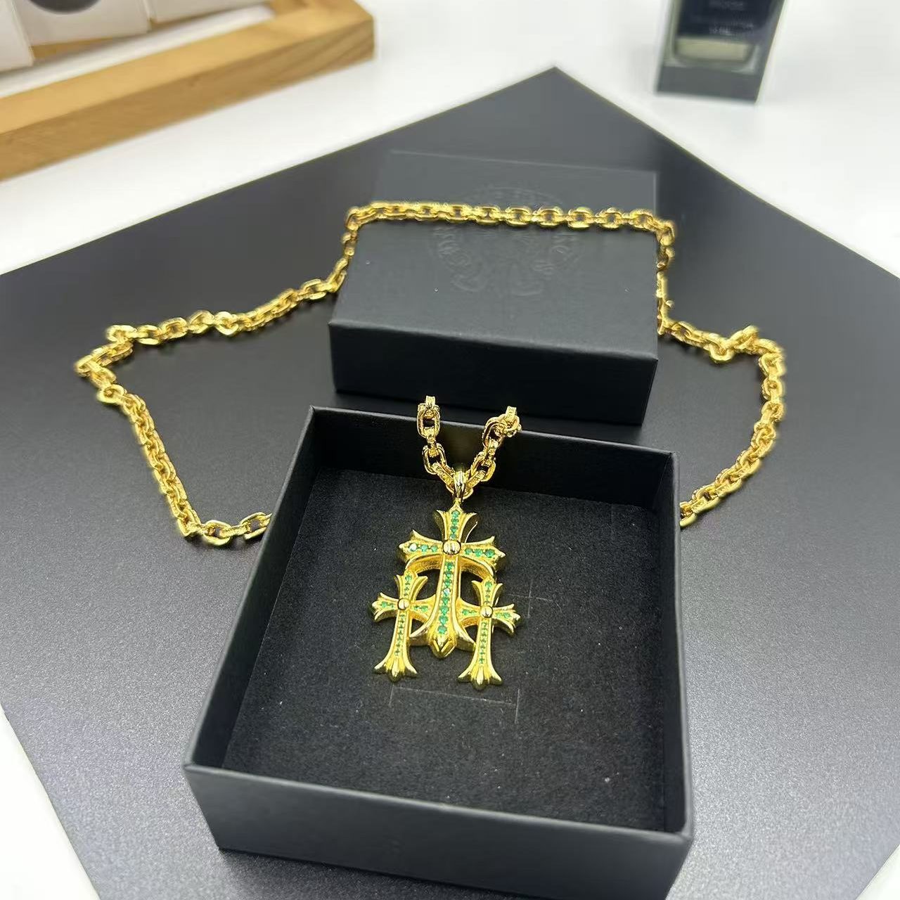 CHROME HEARTS 22K GOLD GREEN DIAMOND TRIPLE CROSS NECKLACE