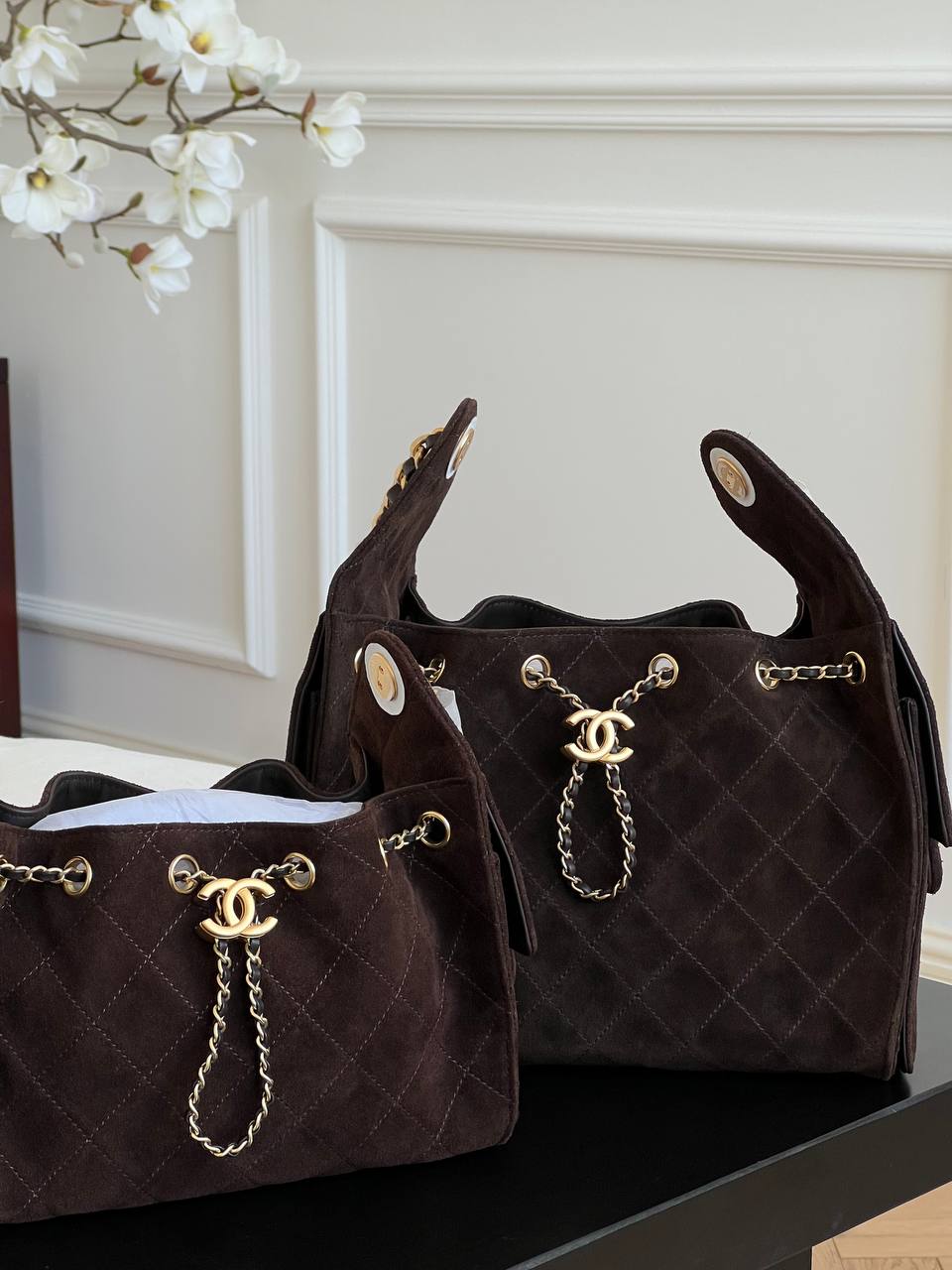Chanel Dark Brown Suede Diamond-quilted CC Drawstring Tote Chain Bag