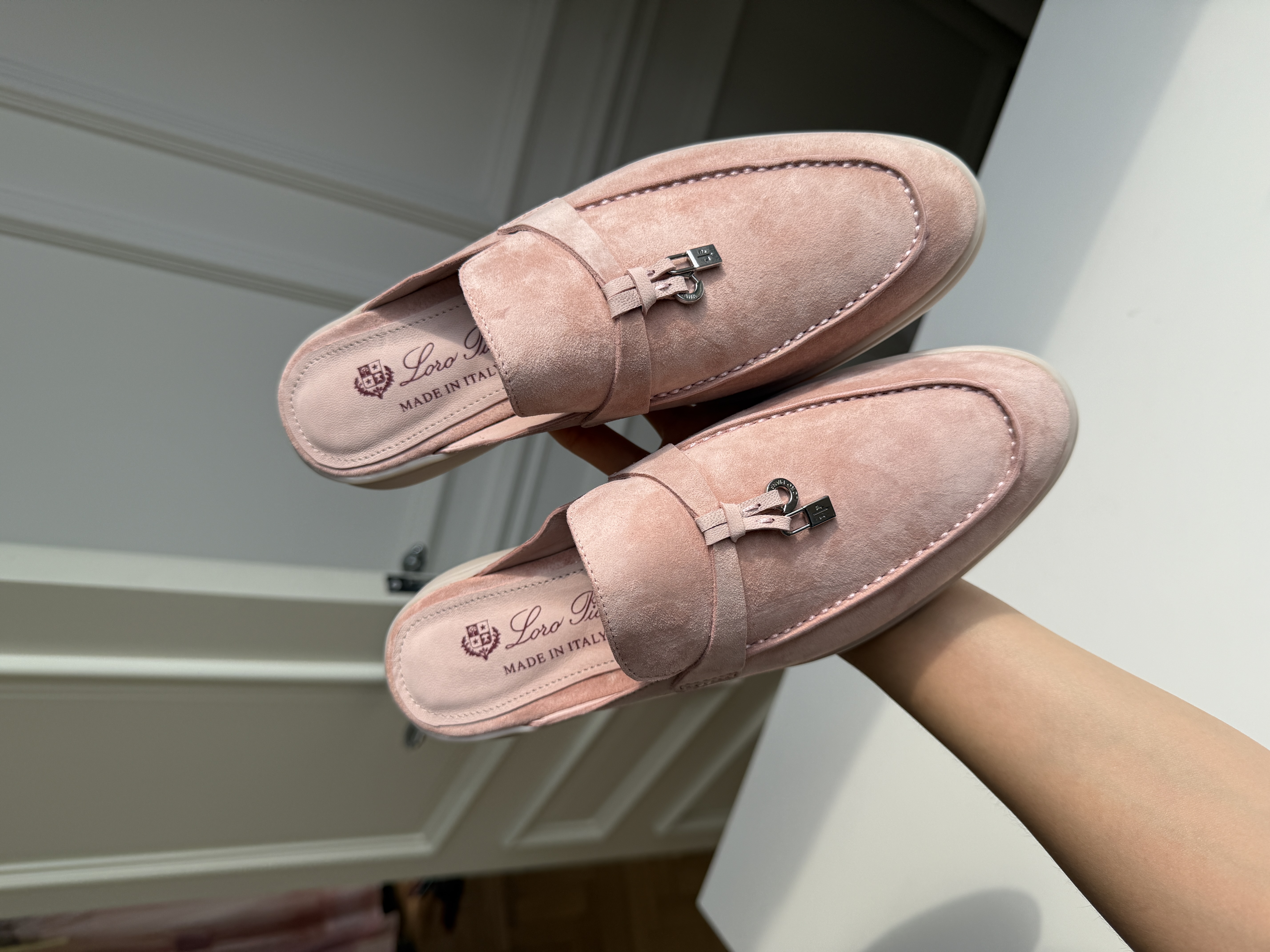 Dusty Pink Suede Metal Lock Charm Flat Backless Loafer Mules