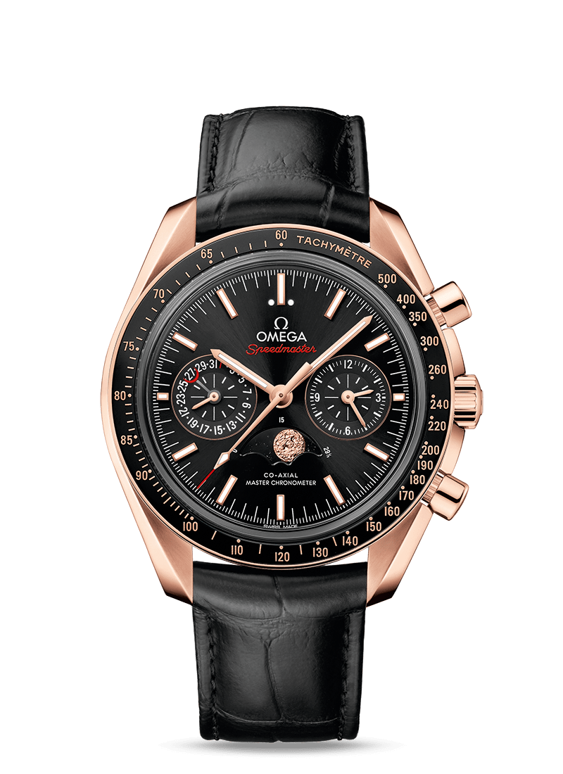 MOONPHASE CO‑AXIAL MASTER CHRONOMETER MOONPHASE CHRONOGRAPH 44.25 MM 304.63.44.52.01.001 FAVOURITES COMPARE Sedna™ gold on Leather strap