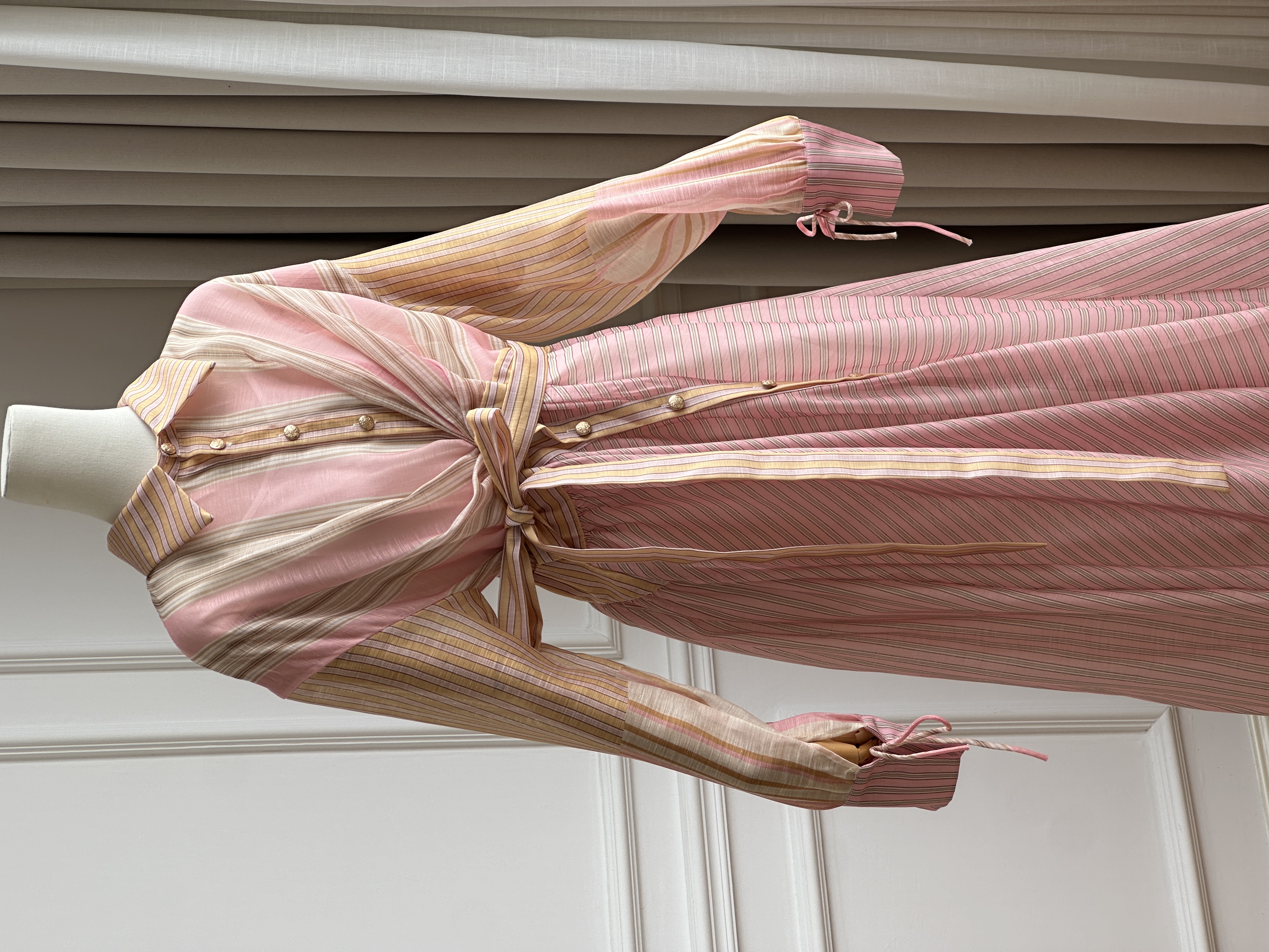 Pink Tone Striped Lapel Cross Wrap Tie-Waist Shirt Maxi Dress