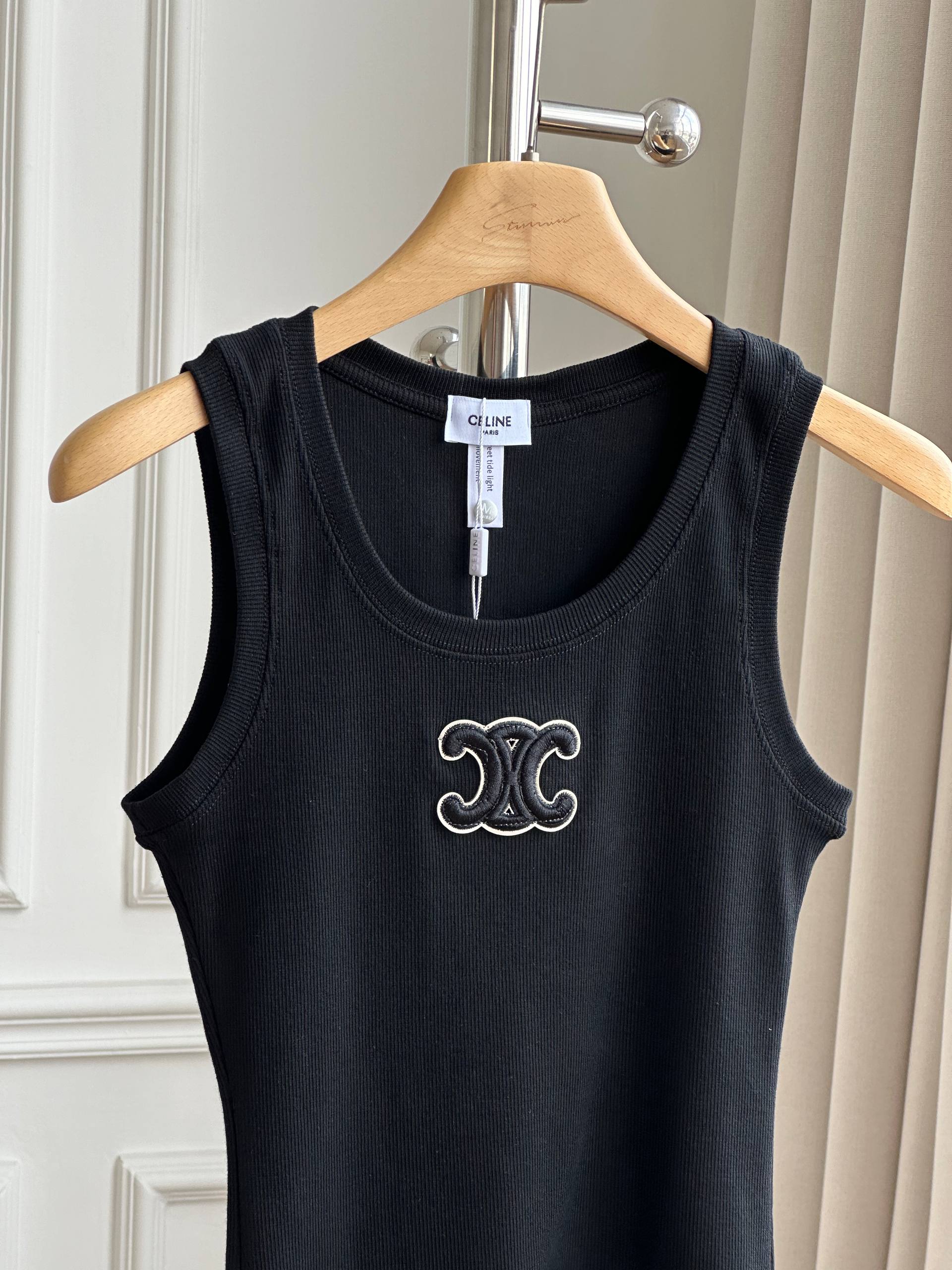 Celine Triomphe Logo Embroidered Ribbed Tank Top