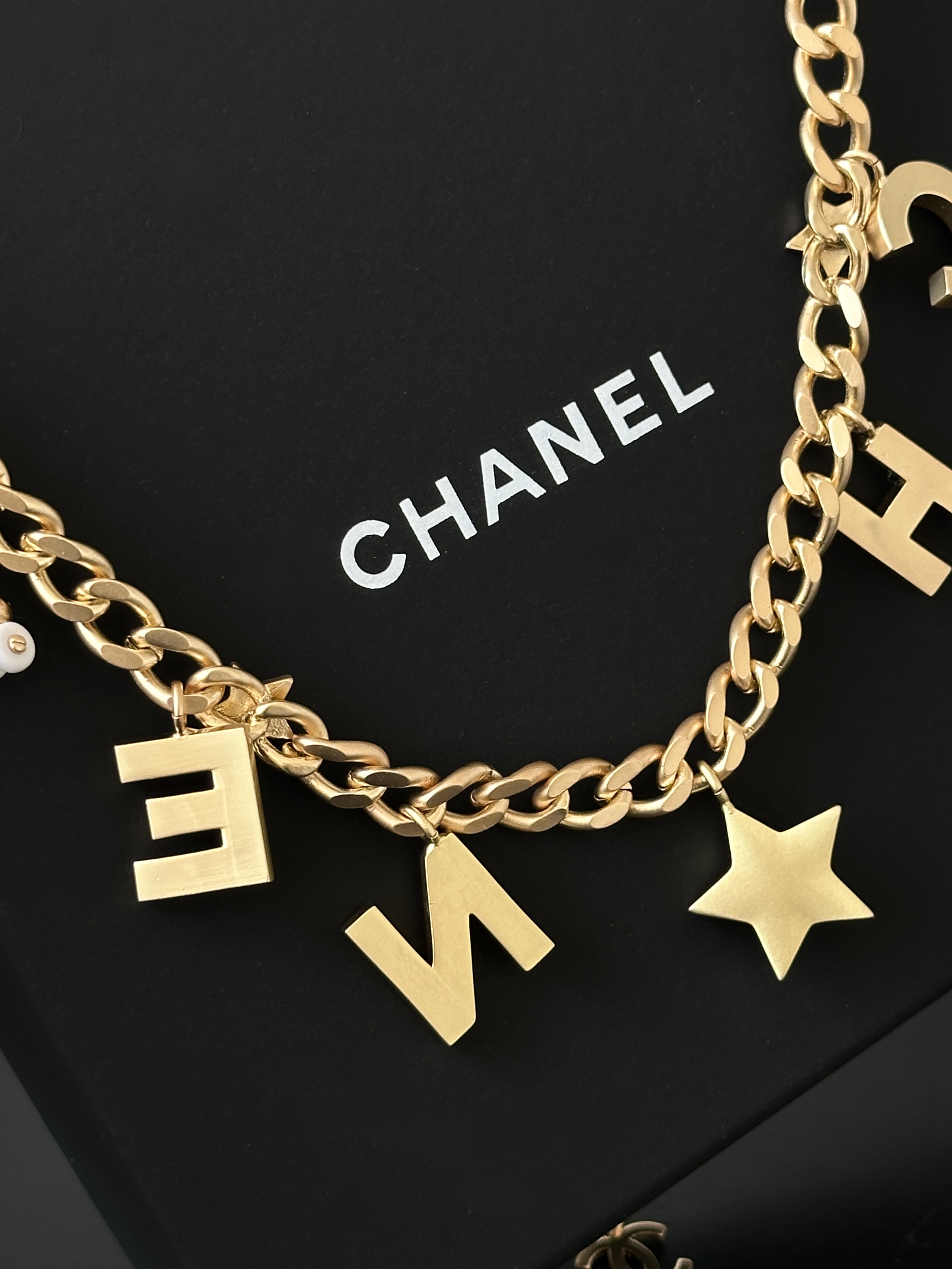 Chanel Light Gold Thick Cuban Chain Waist Belt With Crystal CHANE Letters, Star & Pearl Charms, Dual-Purpose As Necklace