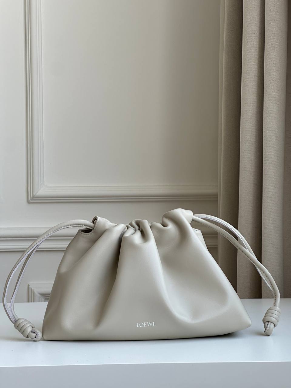 Bottega Veneta Light Grey Smooth Lambskin Knot Drawstring Jodie Cloud Shoulder Crossbody Bag
