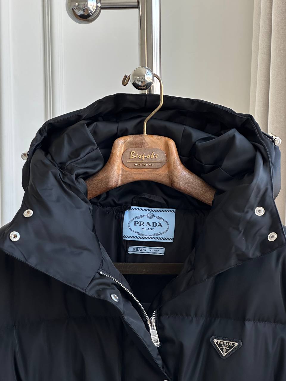 Prada Black Windproof Nylon Hooded Drawstring Waist Triangle Logo Mid-Length Down Jacket With Matching Waist Bag