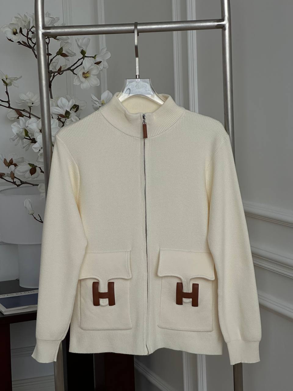 Cream White Half-Zip Collar Knit Cardigan With Brown Leather H Logo Dual Pockets