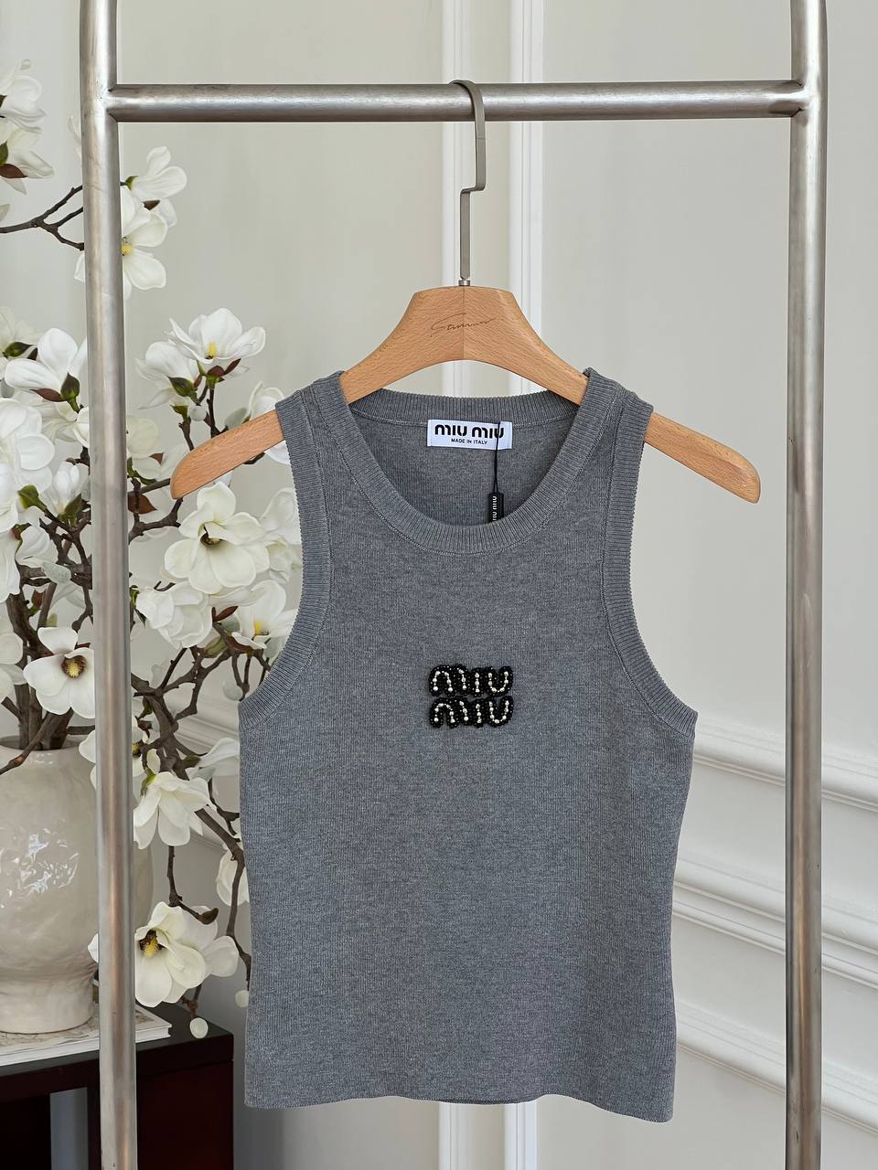 Miu Miu Grey Ribbed Rhinestone Letter Logo Crew Neck Knit Tank Top